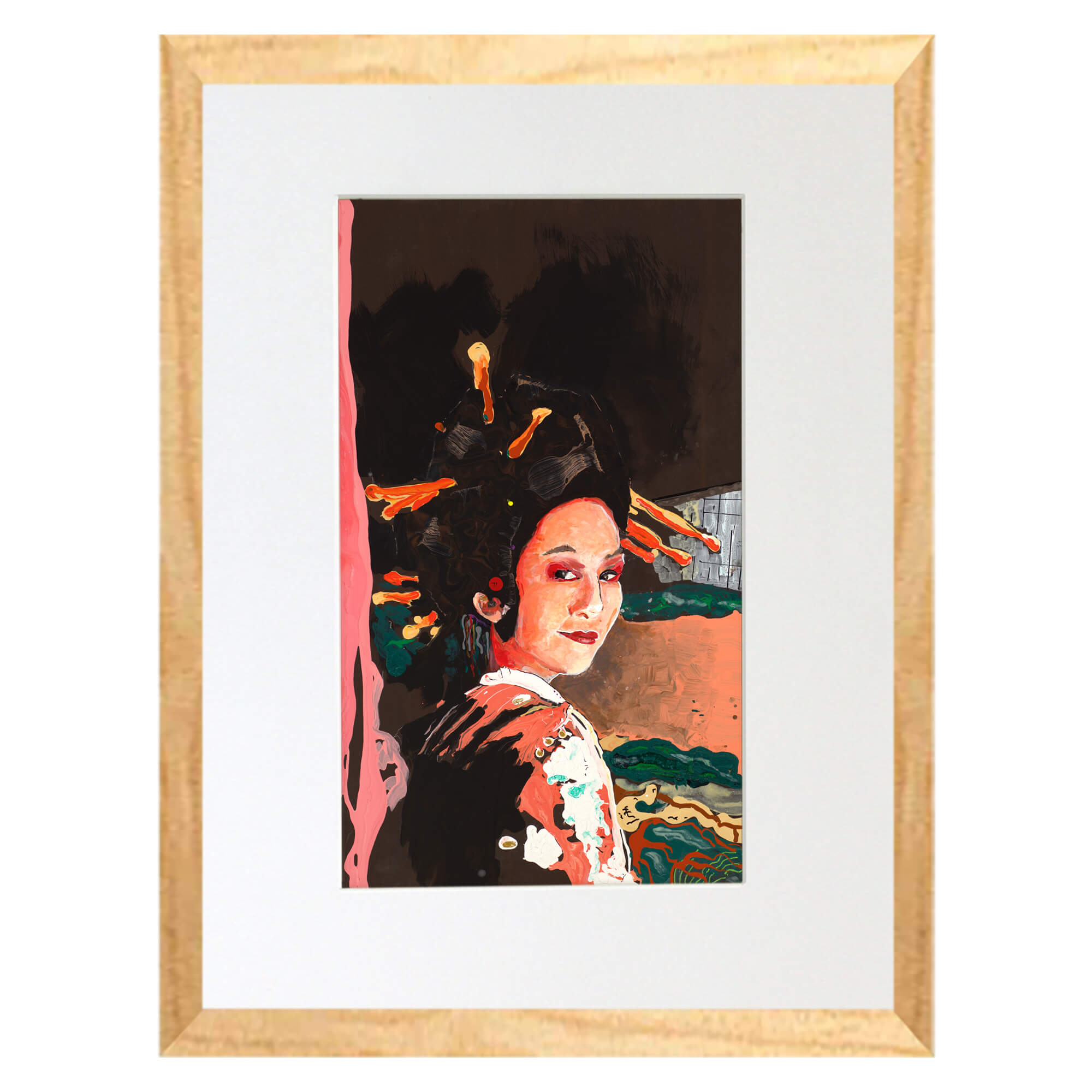 Matted art print with wood frame featuring  Leaning against a wall in a serene setting by hawaii artist robert hazzard