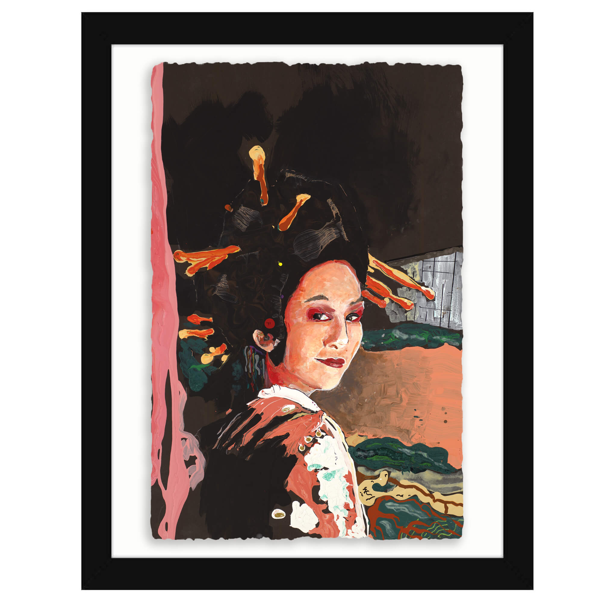 Paper art print with black frame featuring a black haired woman wearing a kimono by hawaii artist robert hazzard