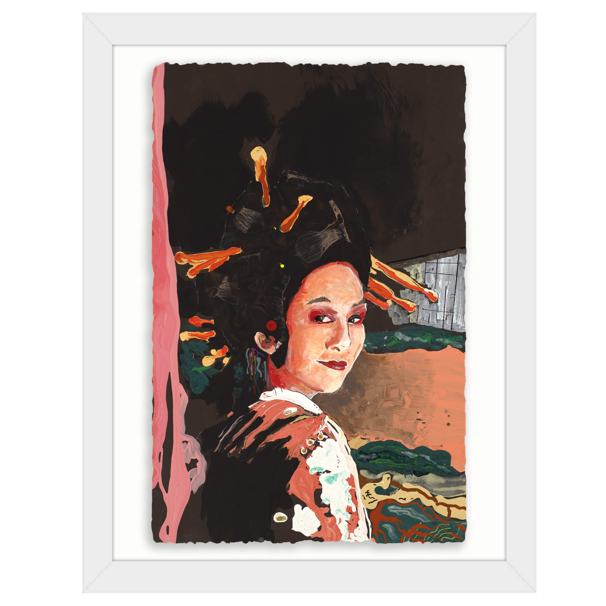 Paper art print with white frame showcasing a Japanese woman wearing traditional make up and kimono by hawaii artist robert hazzard