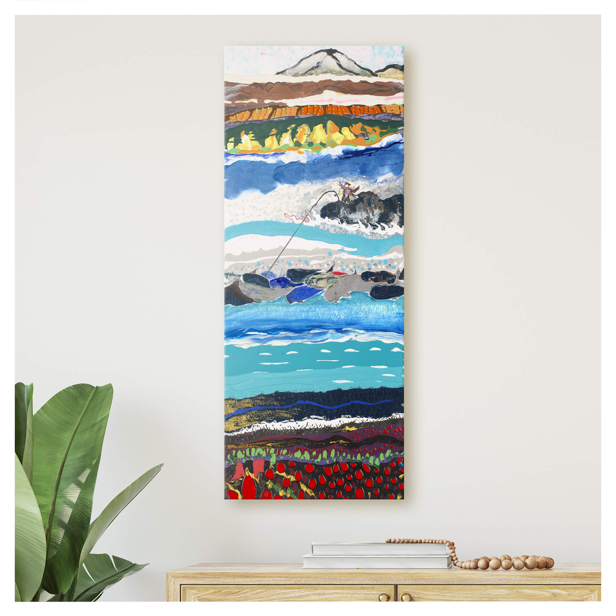 canvas art print featuring an abstract painting of the ocean with a man fishing by Hawaii artist Robert Hazzard