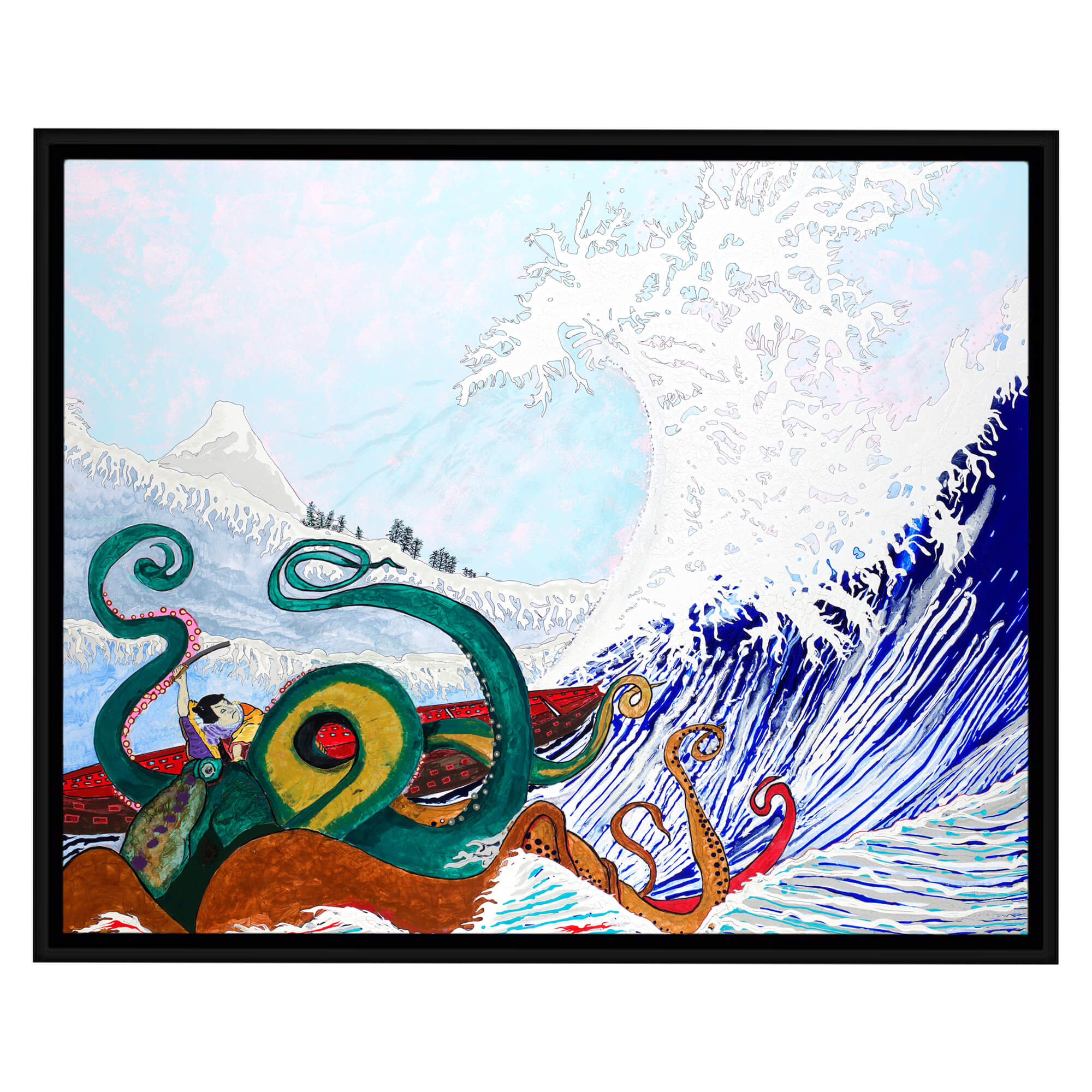Canvas art print with black frame showcasing a large crashing wave by hawaii artist robert hazzard