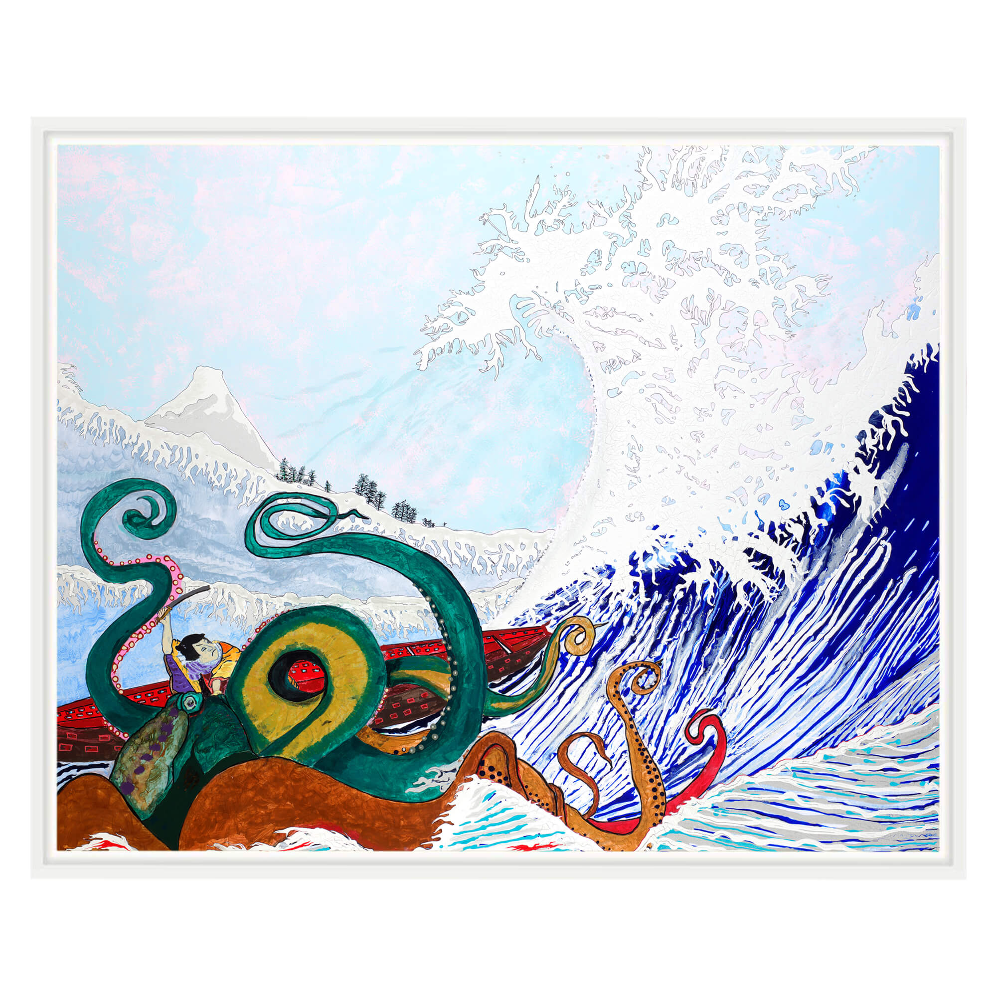 Canvas art print with white frame showcasing a  a man in a boat by hawaii artist robert hazzard