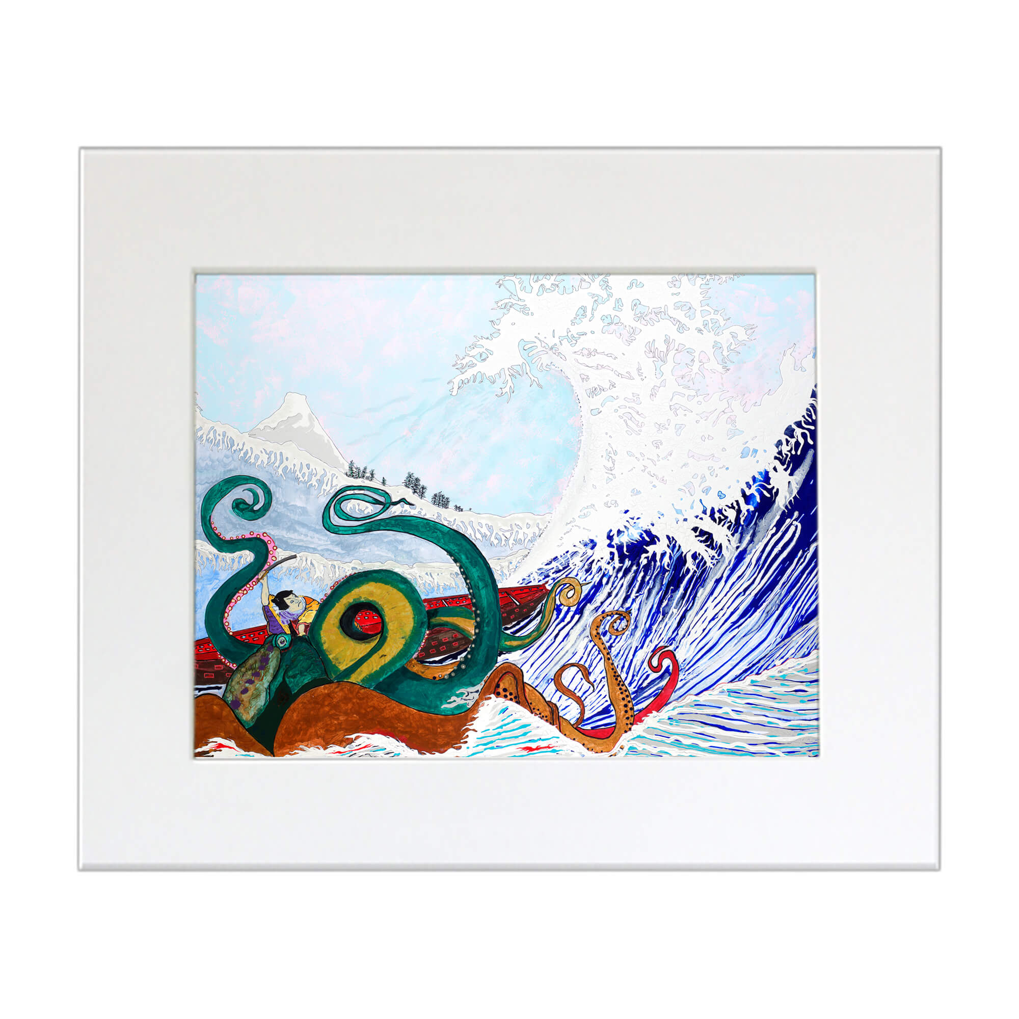 Matted art print featuring an octopus in the sea by hawaii artist robert hazzard