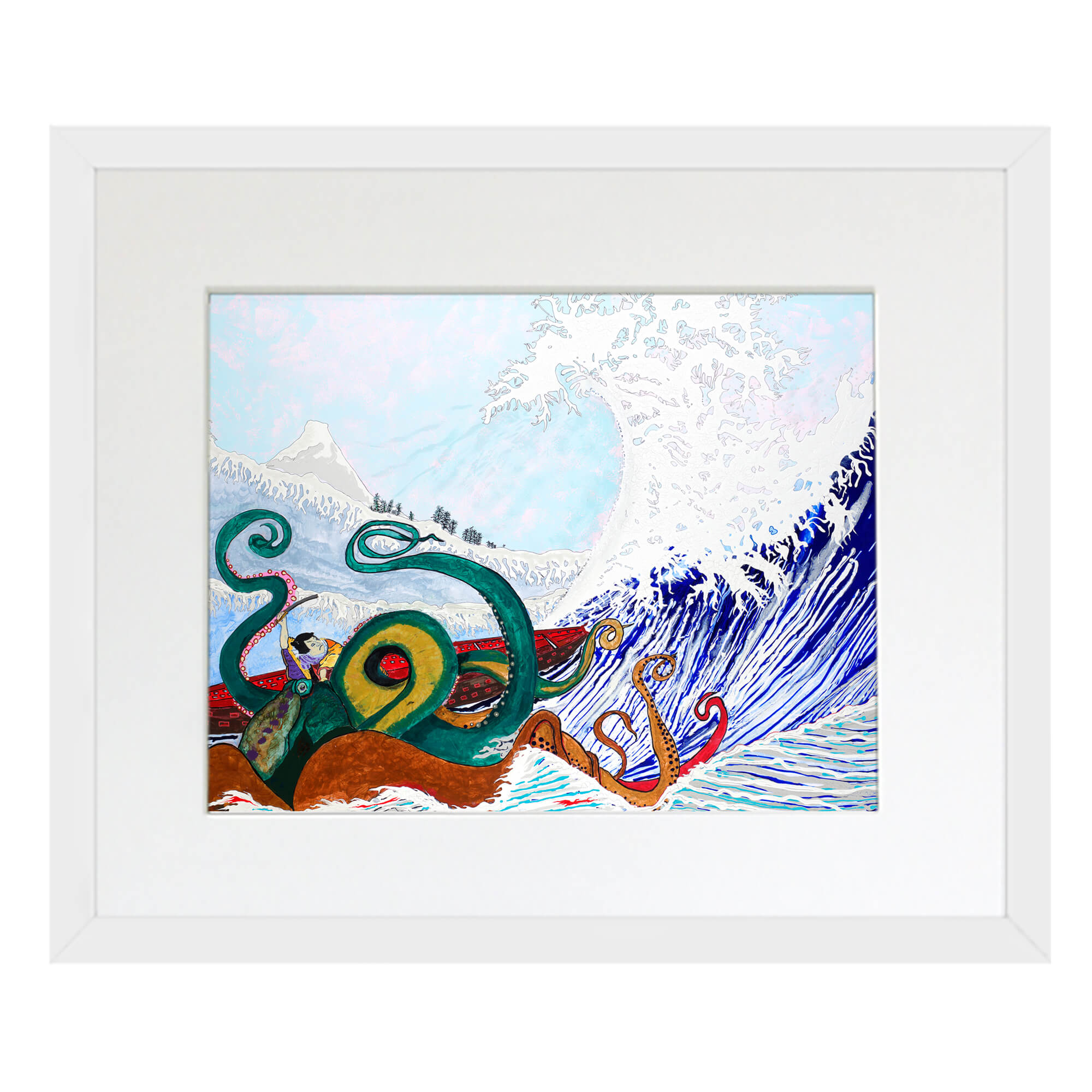 Matted art print with white frame showcasing a big blue wave by hawaii artist robert hazzard