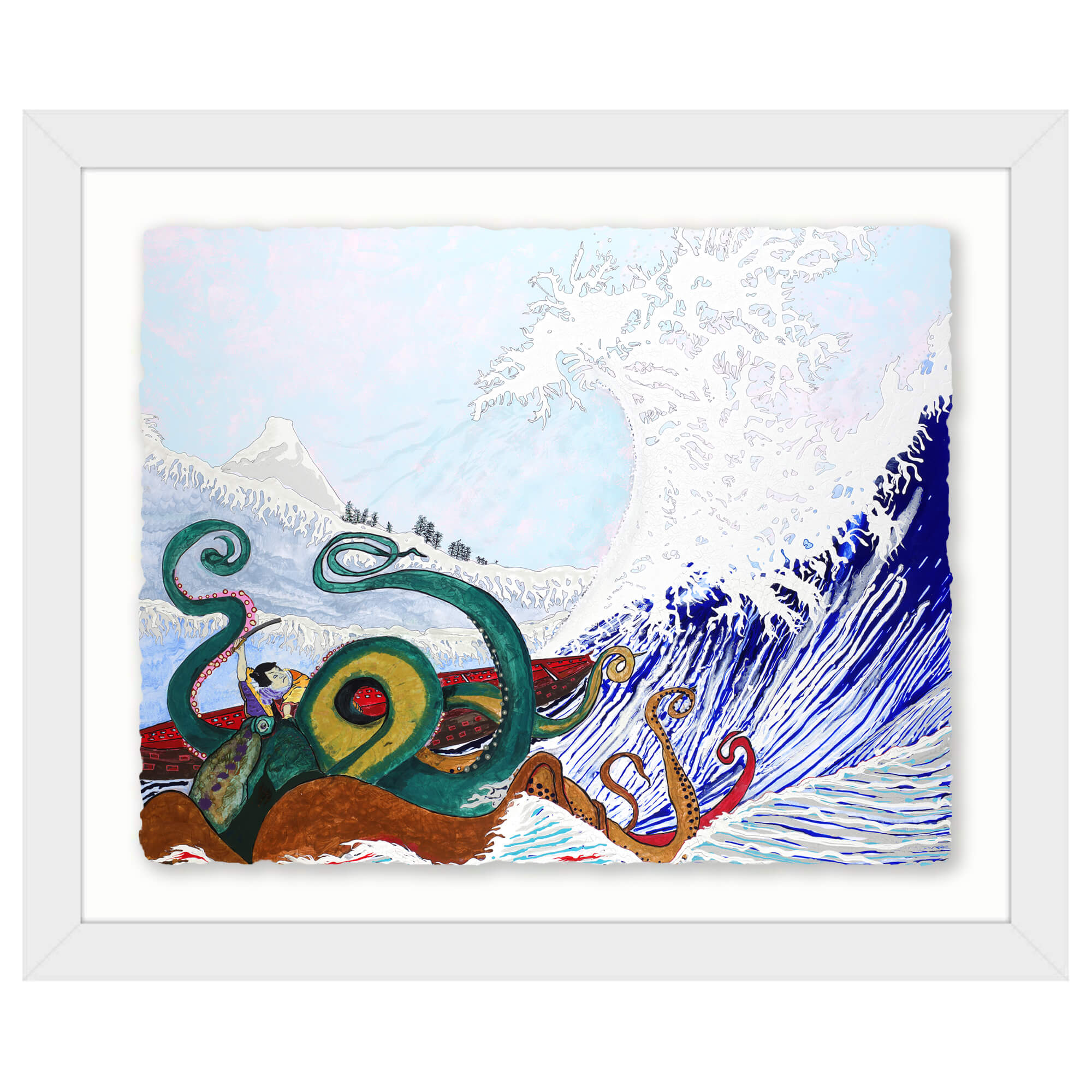 Paper art print with white frame showcasing a giant octopus in the sea by hawaii artist robert hazzard 