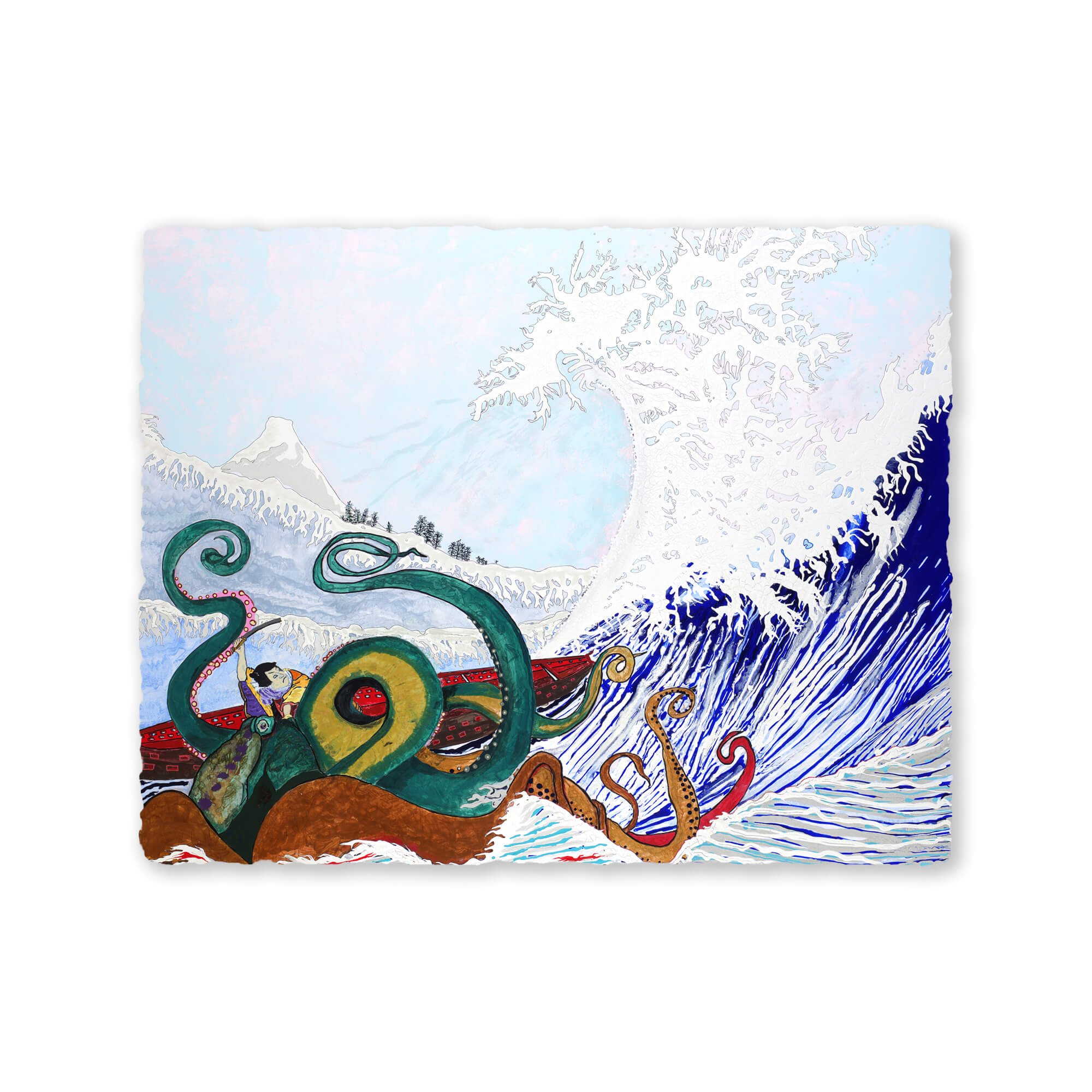 Paper art print featuring a green octopus by hawaii artist robert hazzard