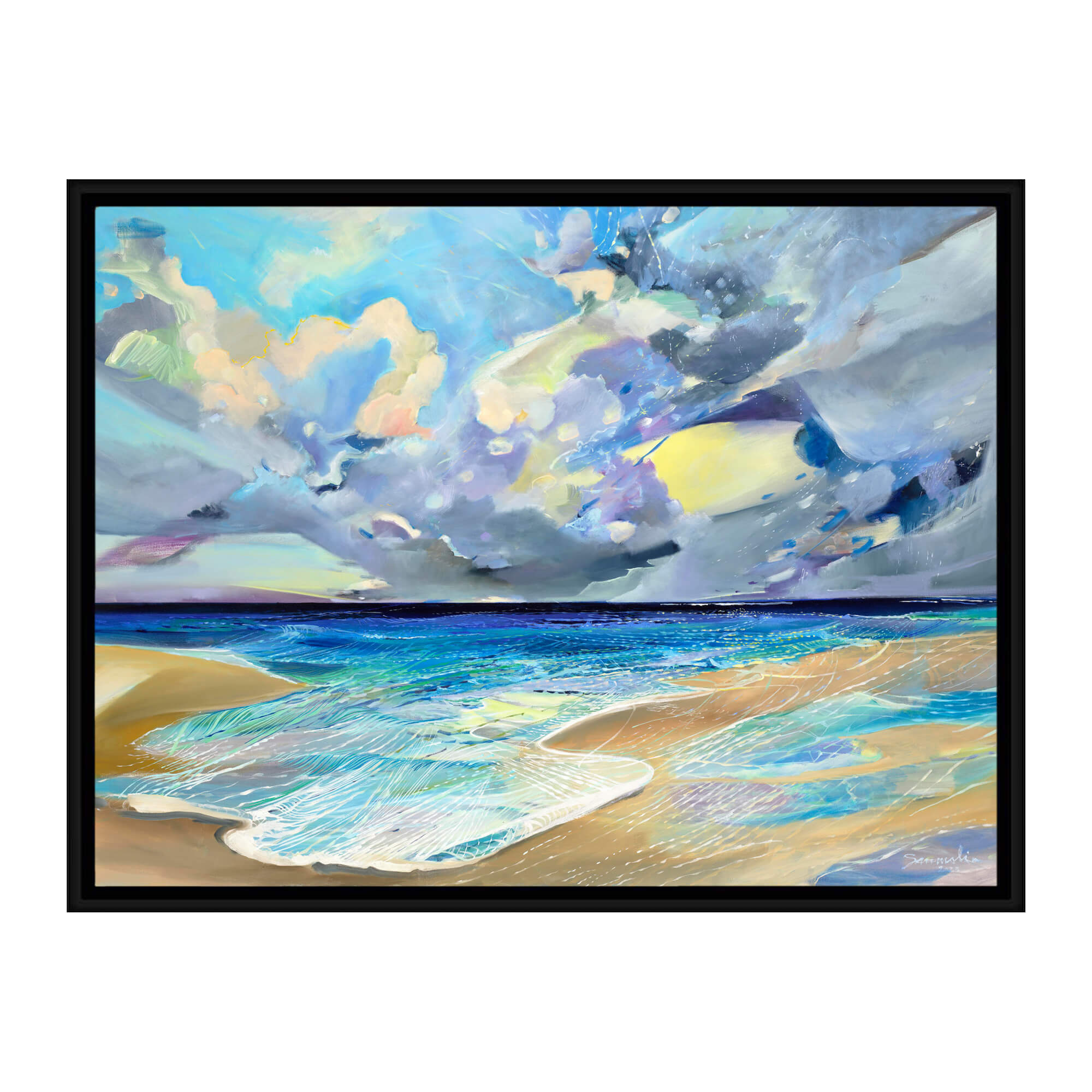 Abstract seascape with purple sky and clear ocean water by Hawaii artist Saumolia Puagpuaga