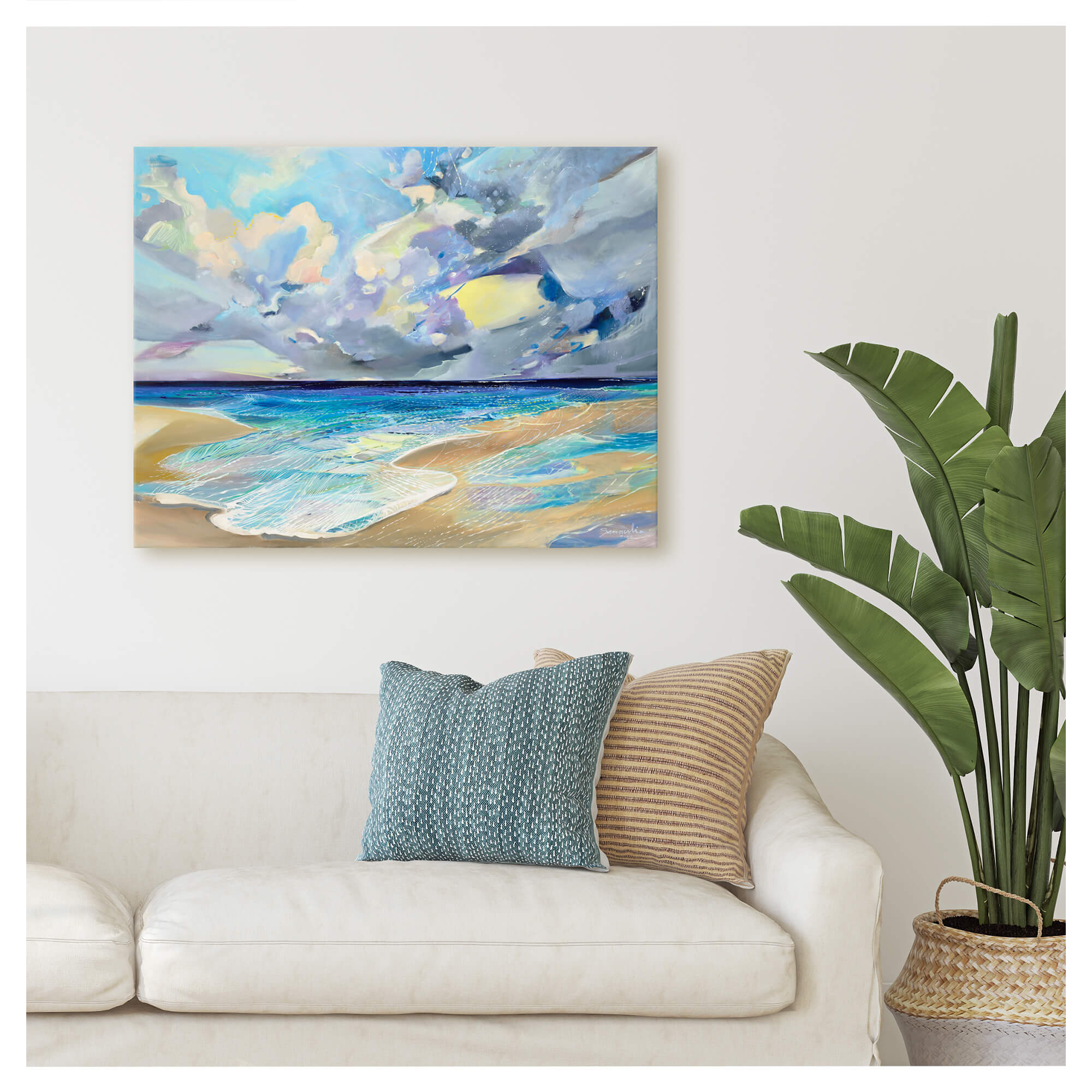 Abstract seascape painting with teal ocean waves and white sand by Hawaii artist Saumolia Puapuaga