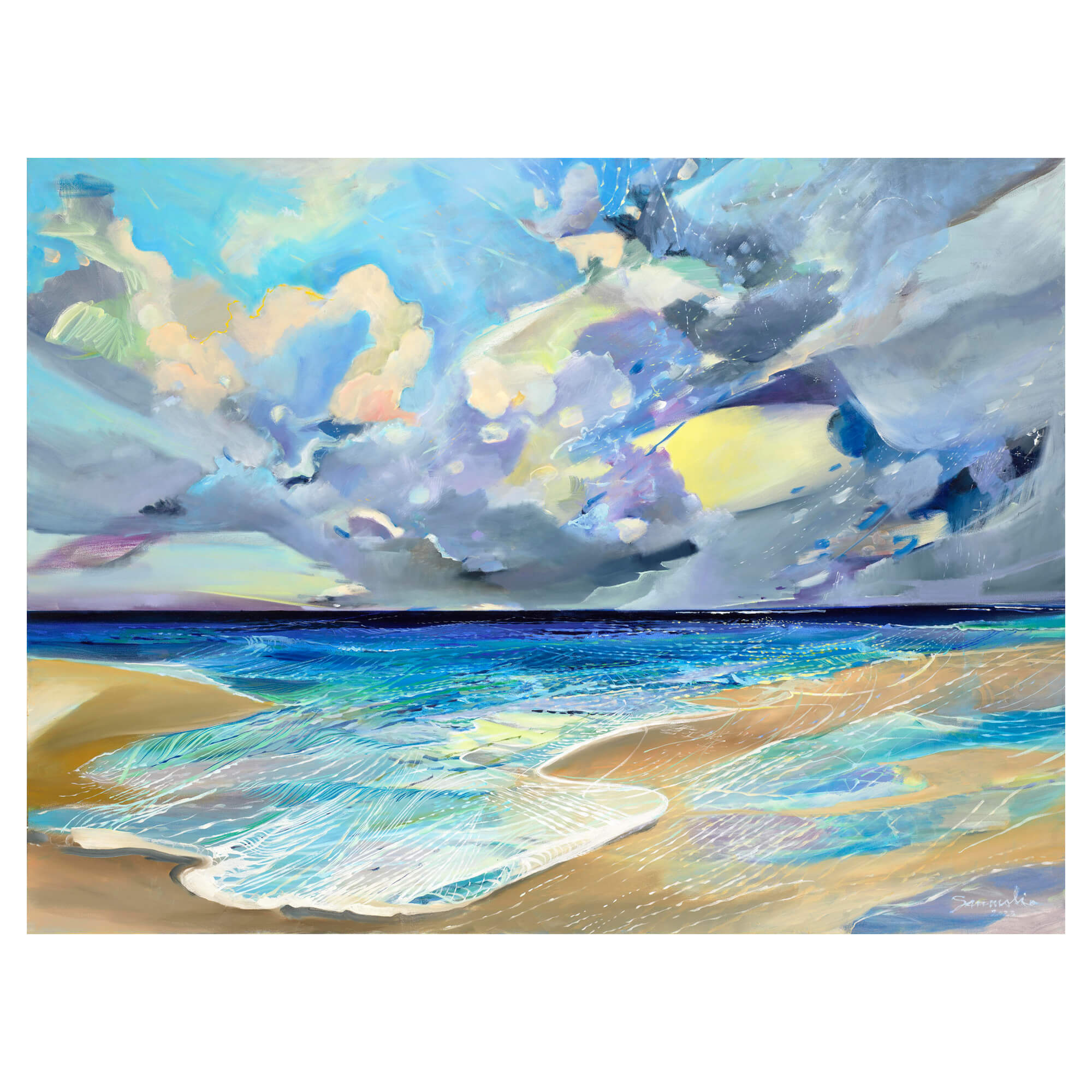 Abstract teal hued ocean horizon by Hawaii artist Saumolia Puapuaga