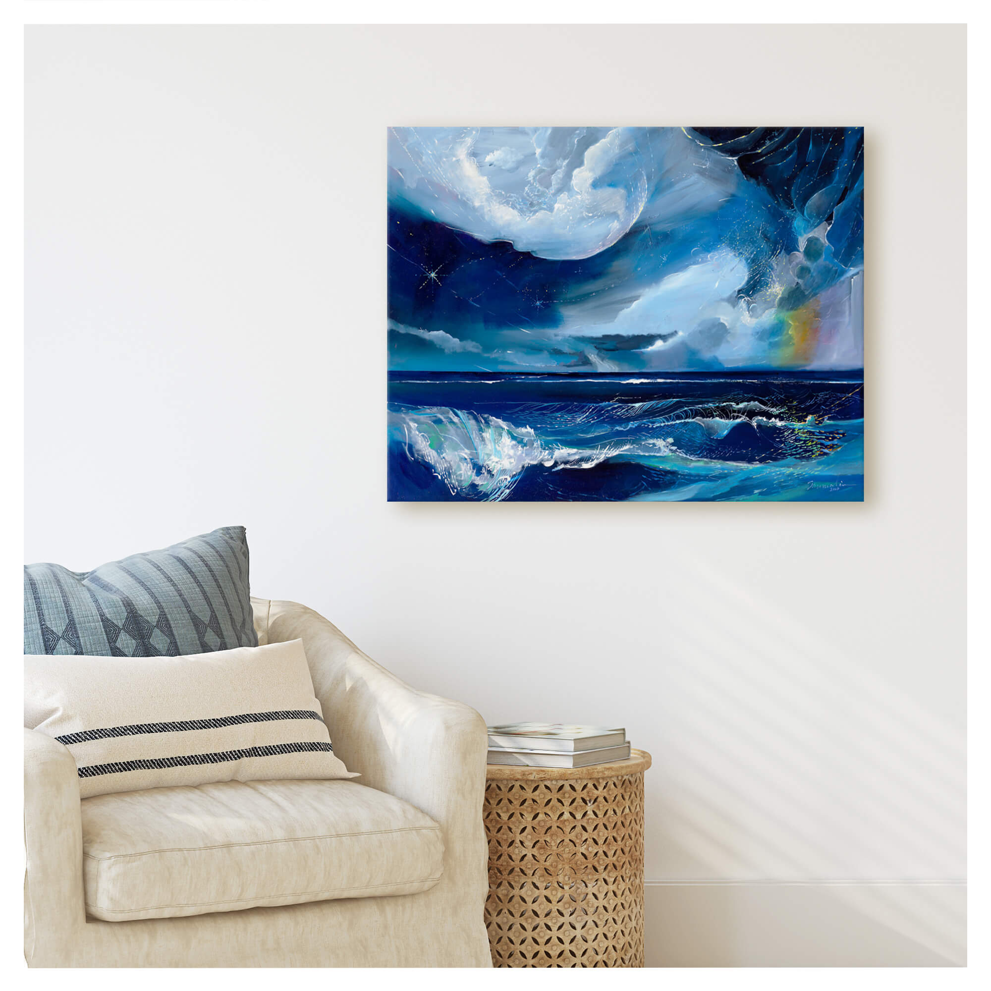 Abstract evening seascape painting and a rainbow by Hawaii artist Saumolia Puapuaga 