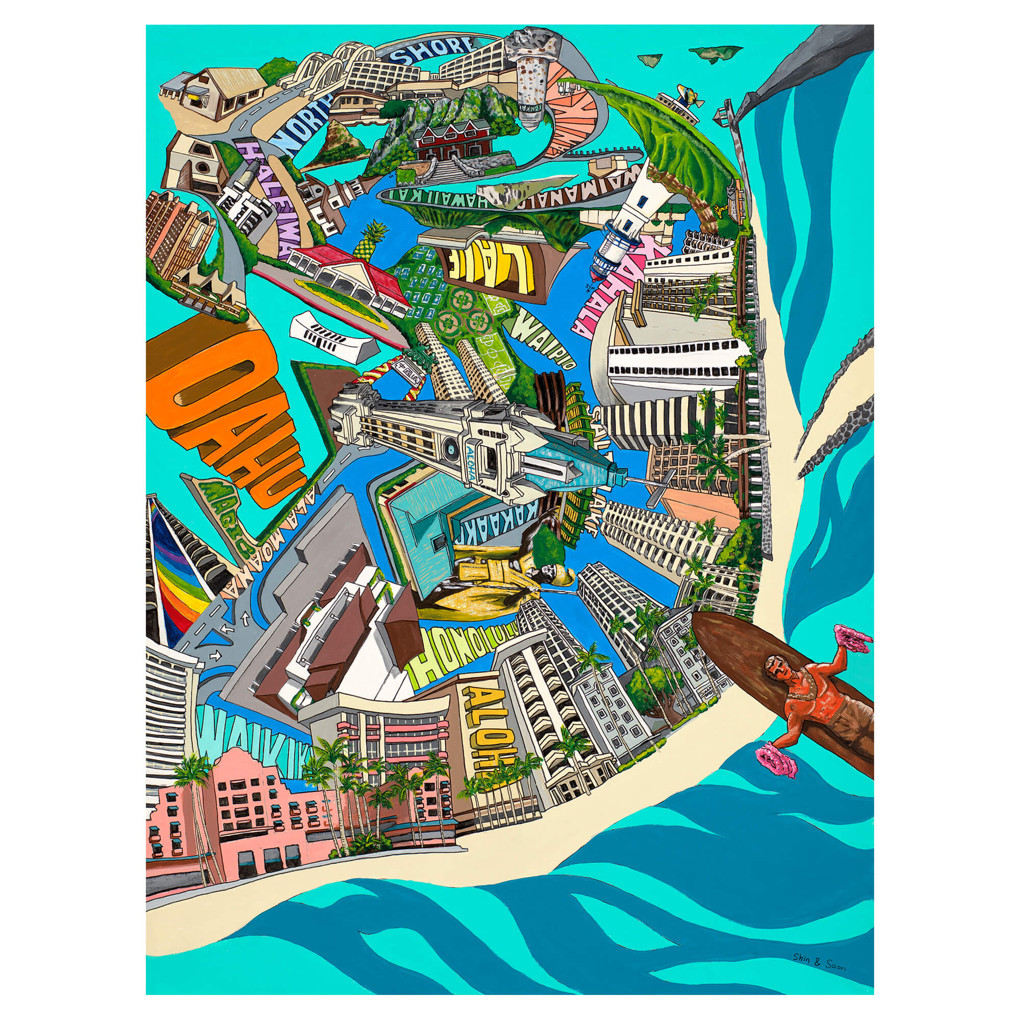 Colorful and vibrant depiction of Hawaii's famous landmarks by Hawaii artist Shin Kato