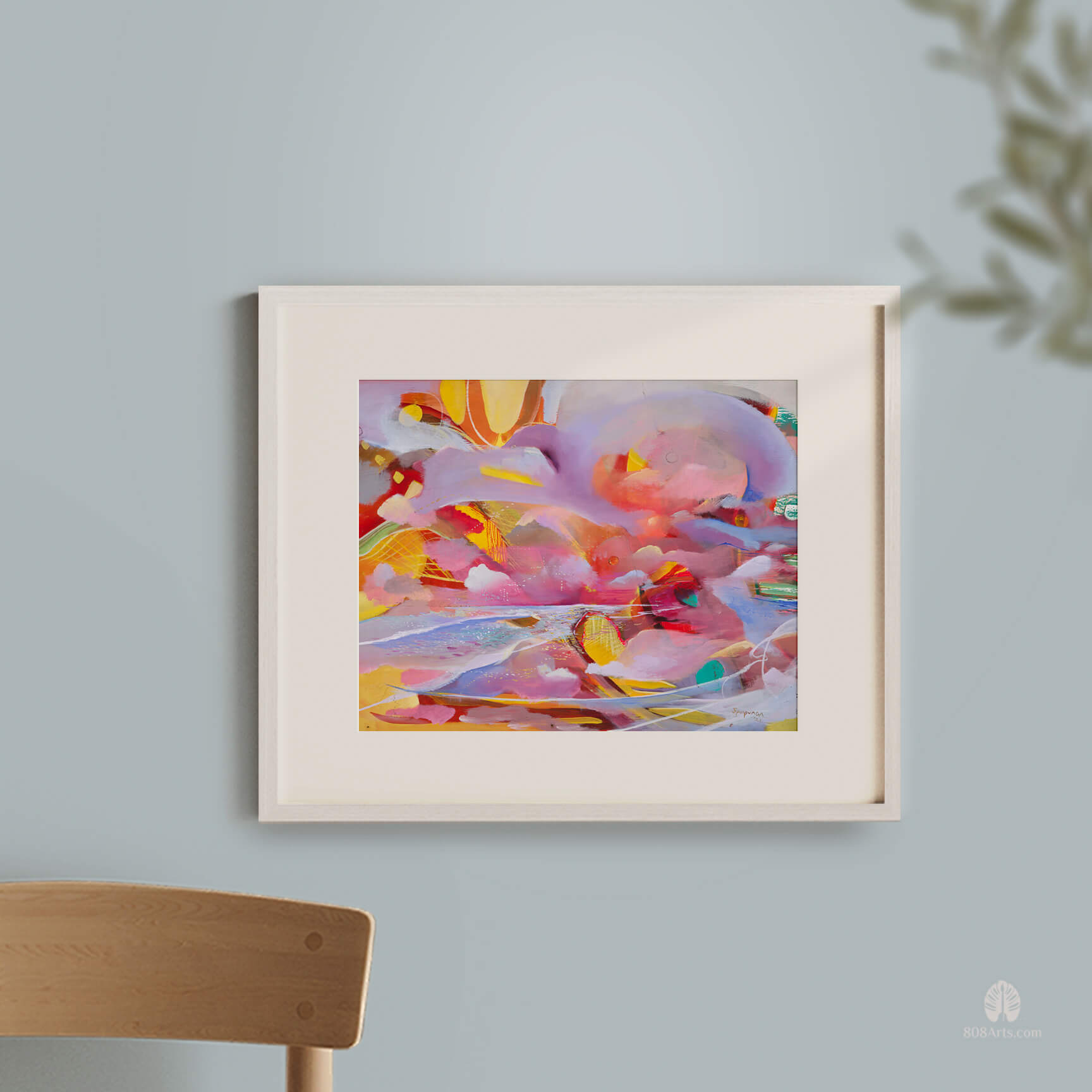 Colorful abstract matted art print by Hawaii artist Saumolia in white frame on a blue wall