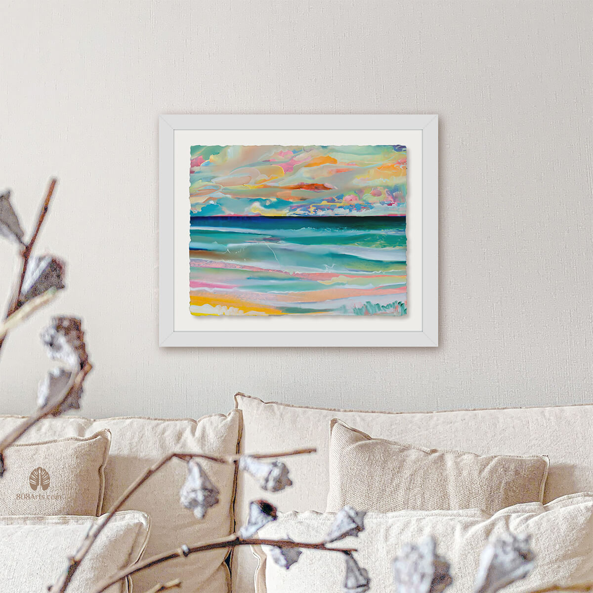 Framed seascape art print by Hawaii artist Saumolia with deckled edges hanging in minimal living room