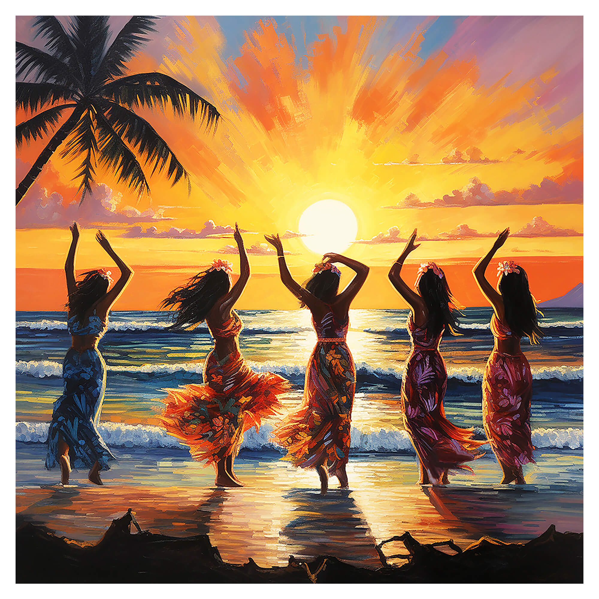 Glistening Hula Dancers Blossoming on Hawaii's Twilight Coastline