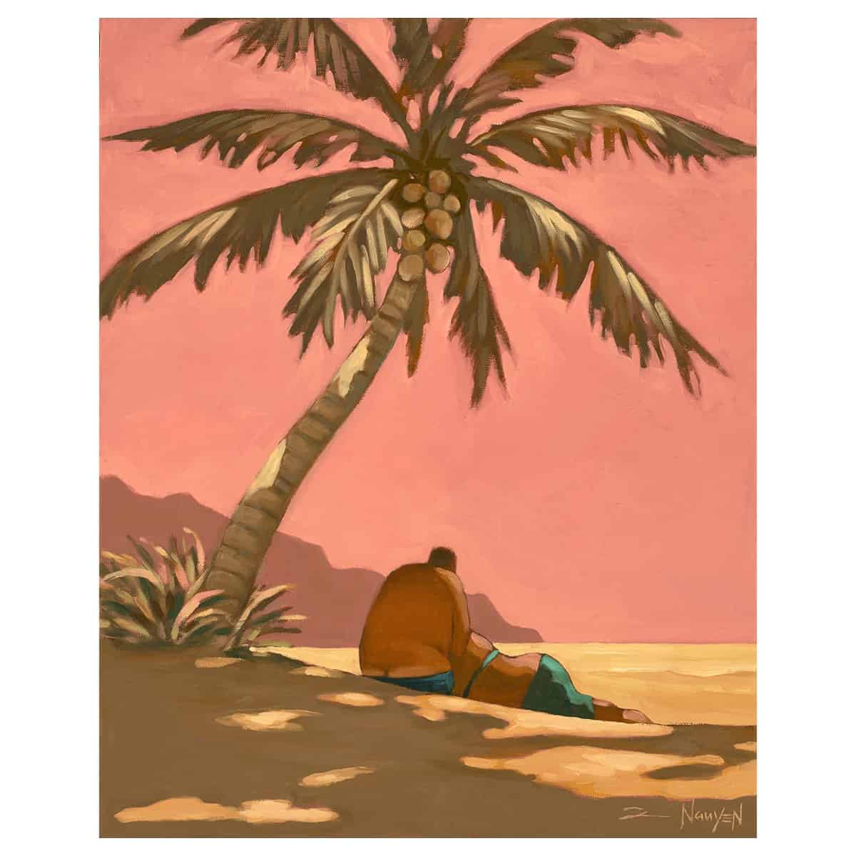 tim nguyen hawaii fine artist beach painting of couple at sunset under a palm tree