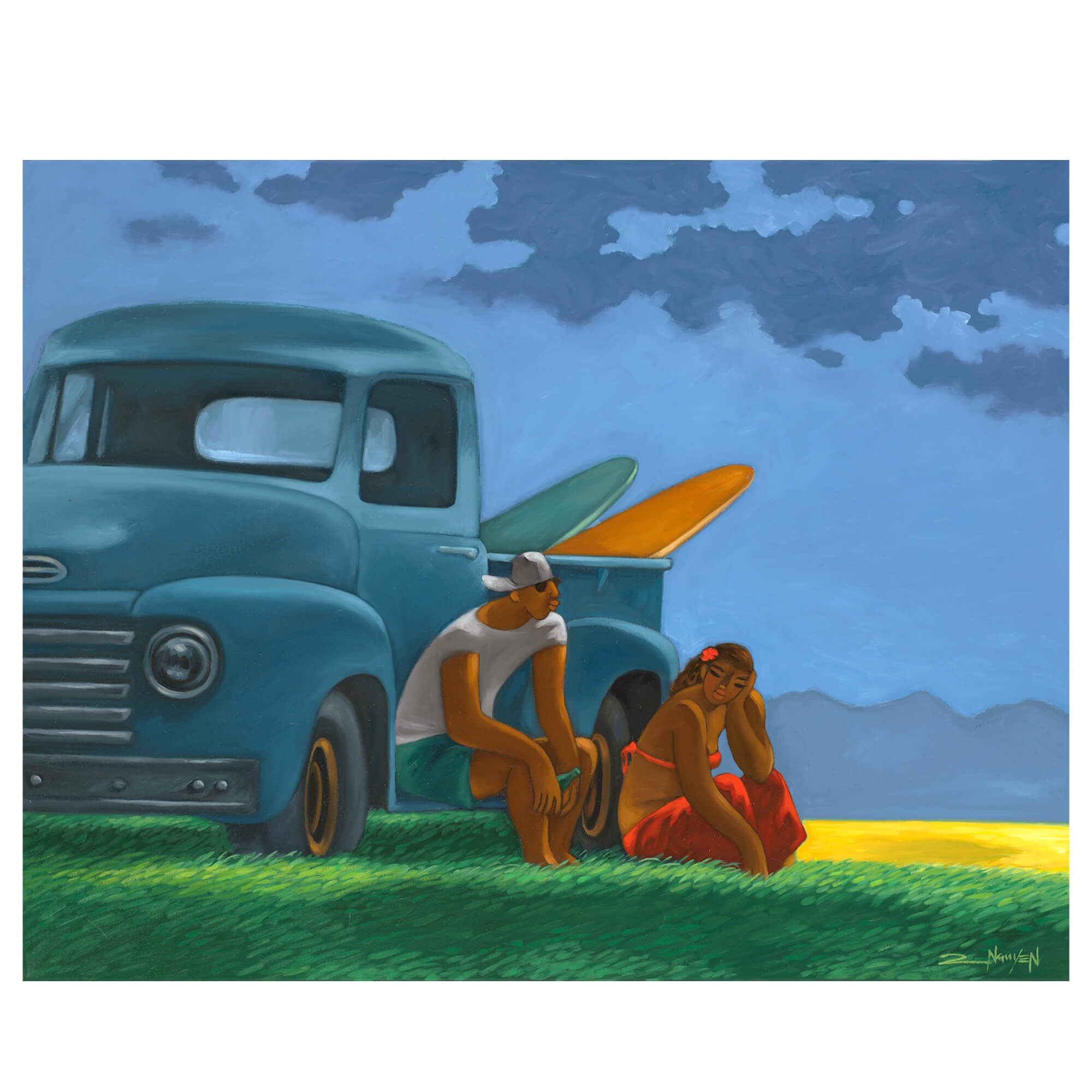 colorful painting of a couple with surfboards sitting on a vintage truck by hawaii artist tim nguyen