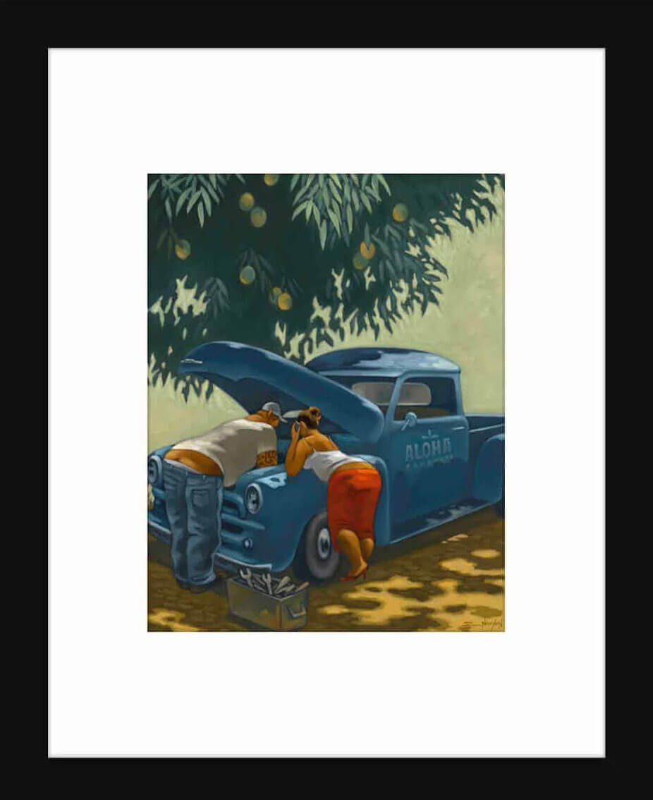 Oahu artist tim nguyen painting of man and woman fixing vintage Chevy truck under Mango tree