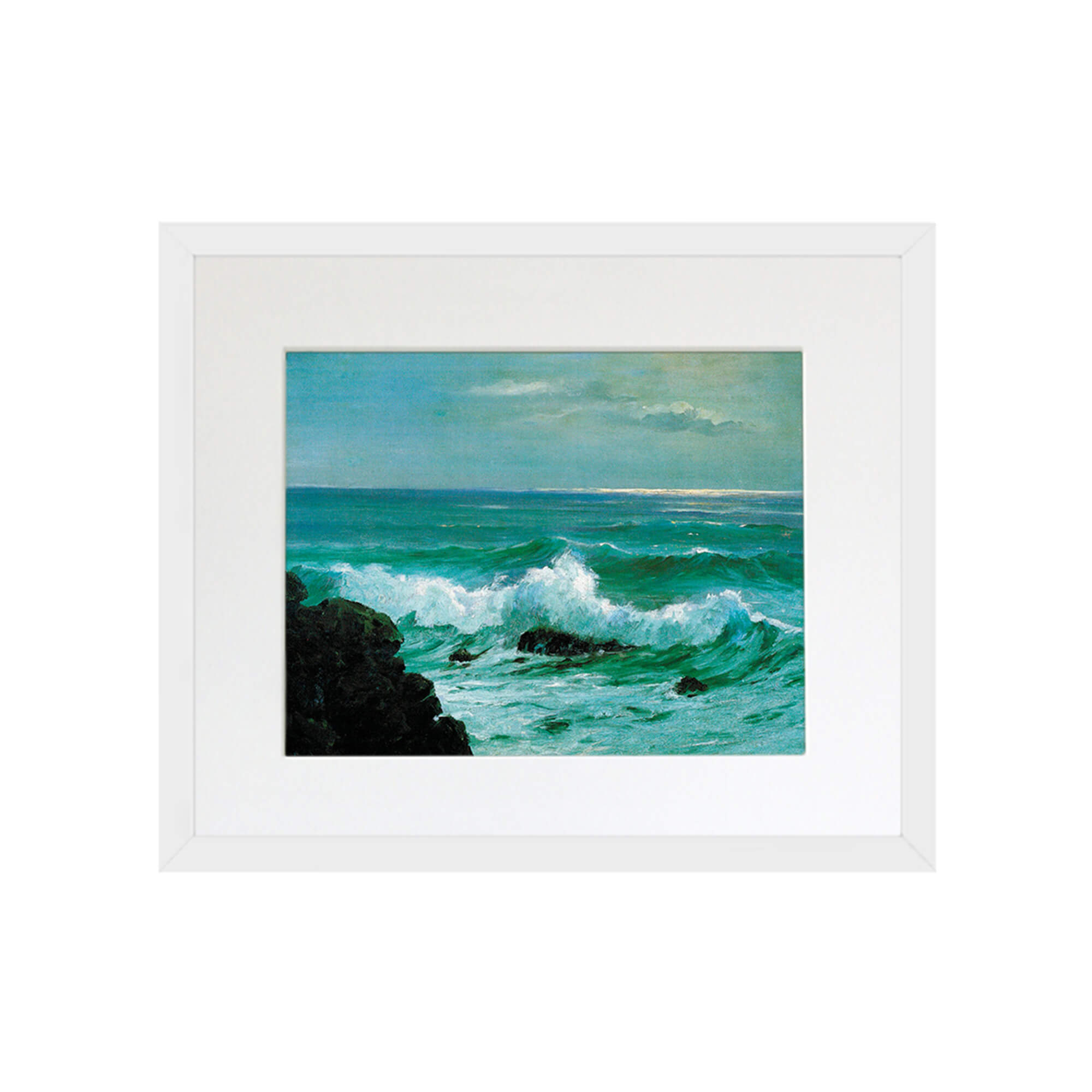 Teal-hued seascape of a vintage painting