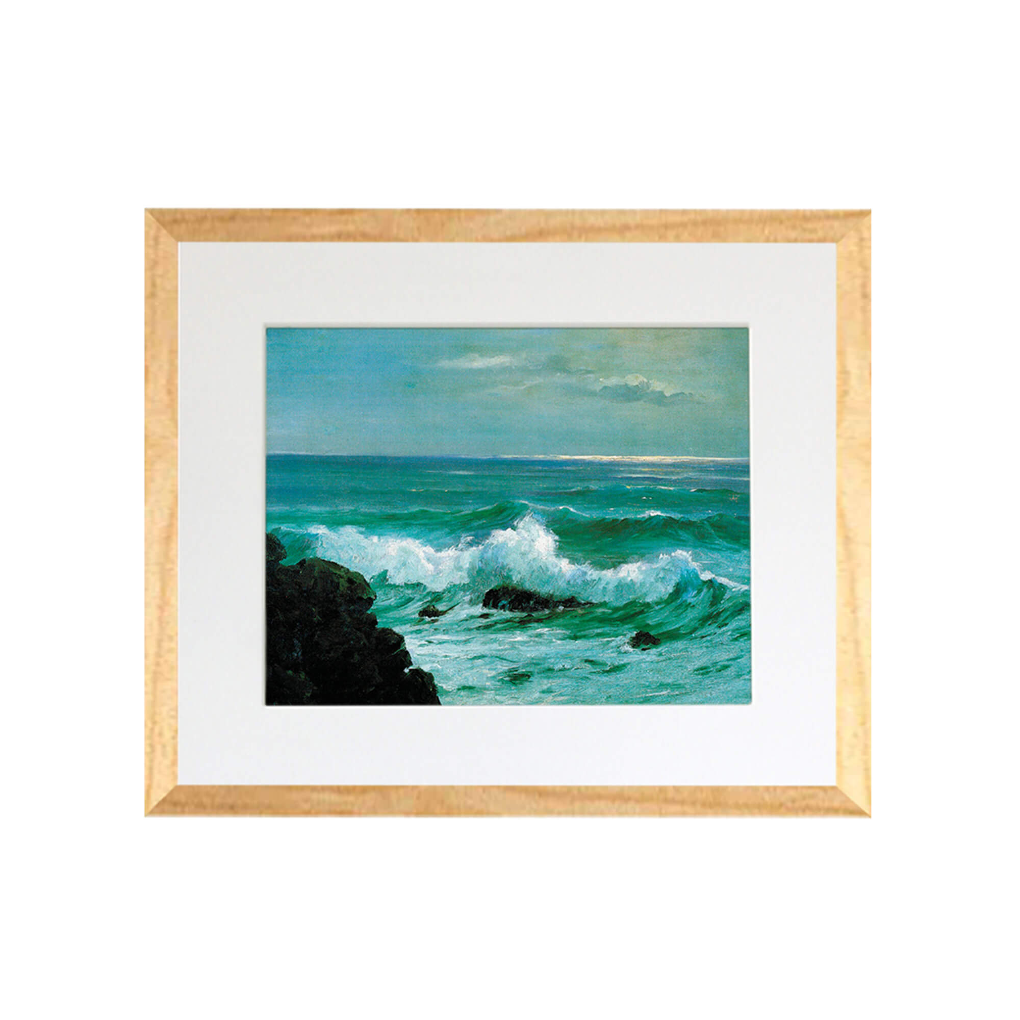 Vintage painting of a teal seascape with large crashing waves