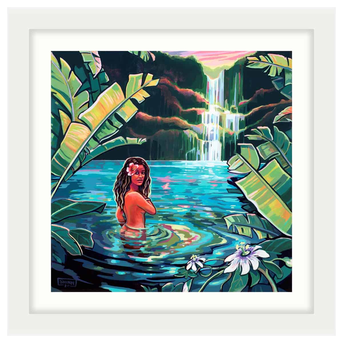 christie shinn wailua waterfall original canvas painting white frame