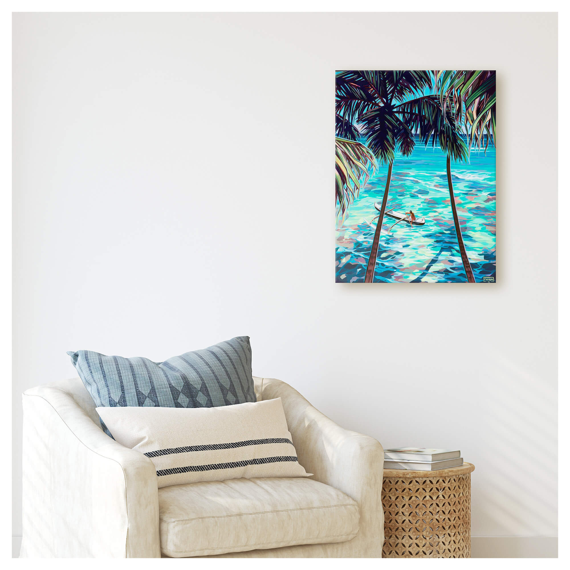 A canvas giclée art print of a paddler in an outrigger canoe amongst the blue hues of the ocean and a palm tree oasis by Hawaii artist Christie Shinn