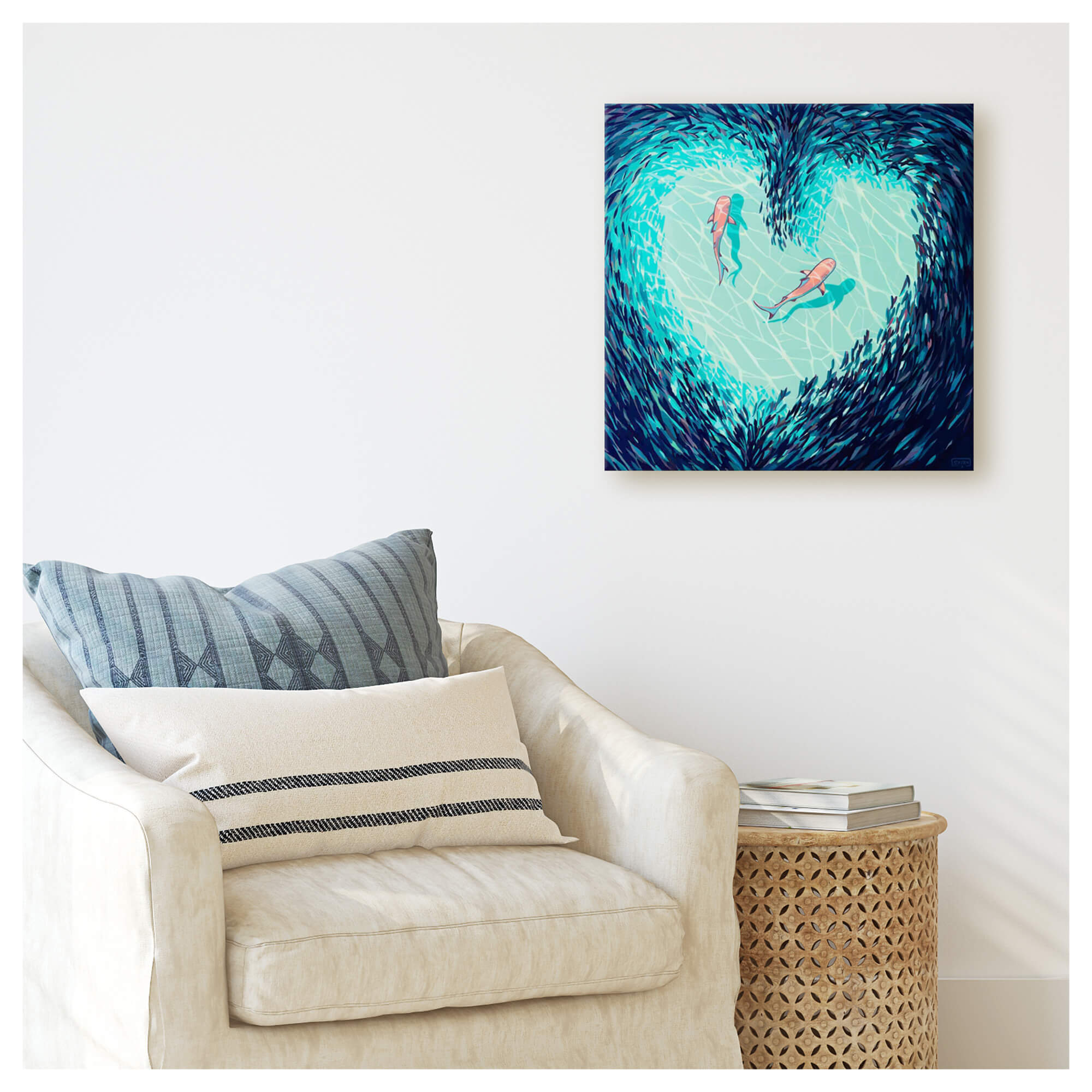 A canvas giclée of a school of fish in a heart-shaped formation exposing the aqua and blue hues of the ocean floor beneath them by Hawaii artist Christie Shinn