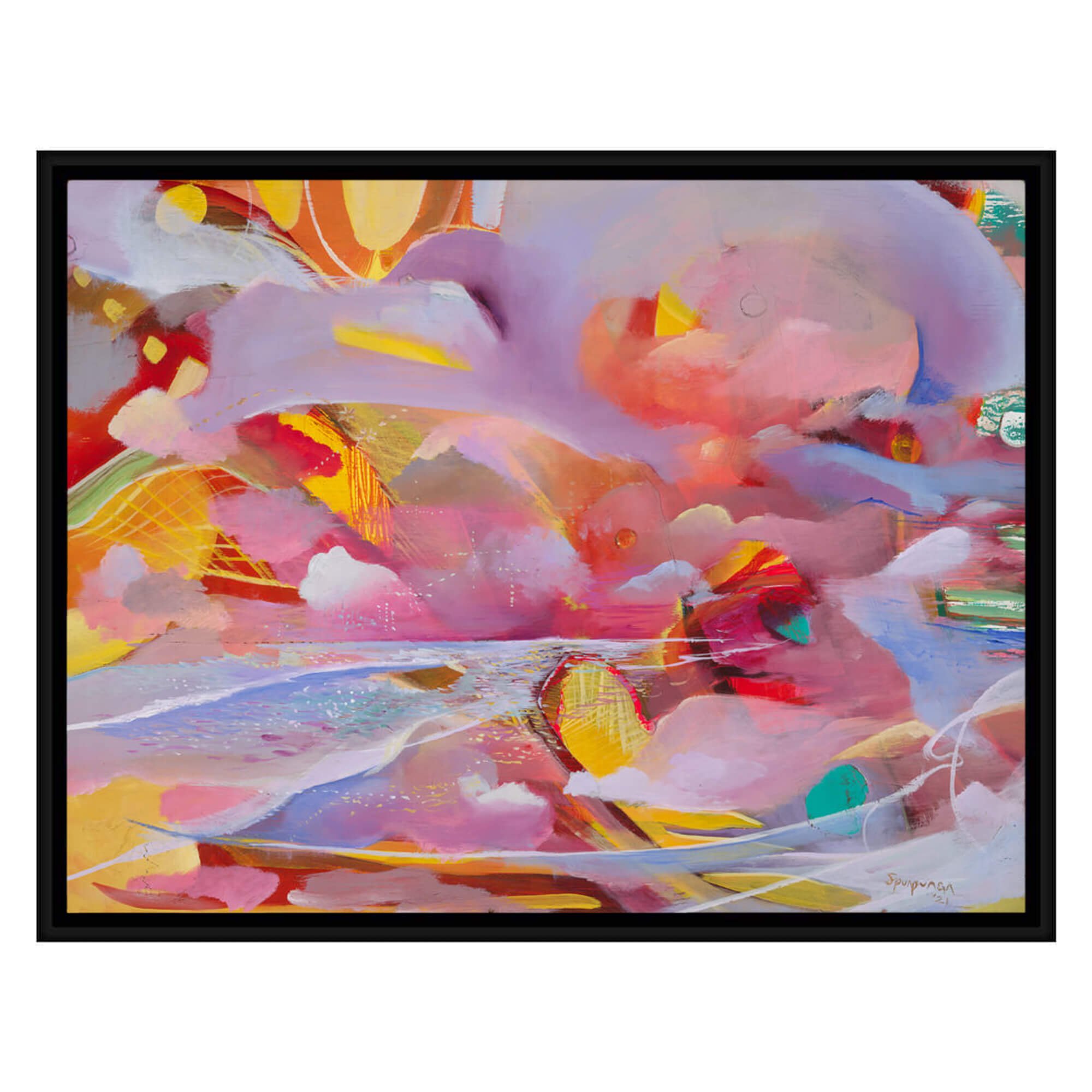 Framed canvas art print of a vibrant artwork that features the beach horizon with cotton candy colors by Hawaii artist Saumolia Puapuaga 