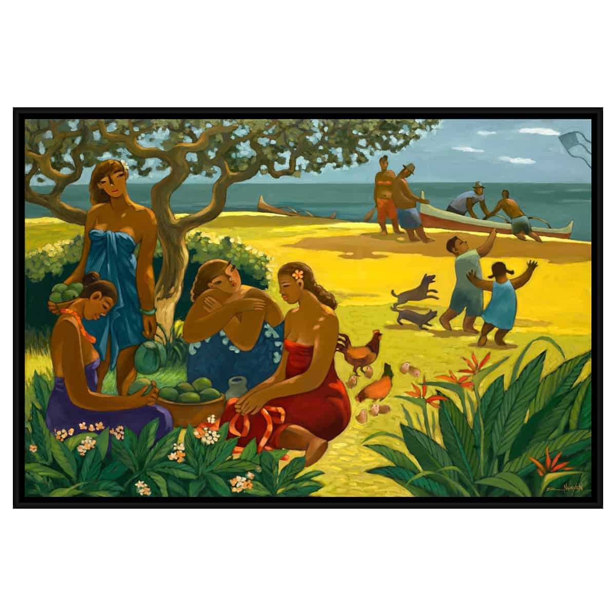 A framed canvas art print featuring Hawaiian beach activities with women gathering fruit, kids playing with dogs and chickens and men pulling in an outrigger canoe by Hawaii artist Tim Nguyen