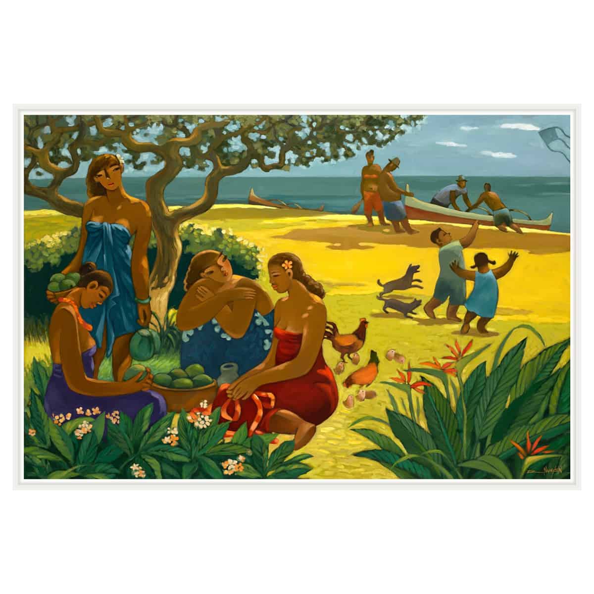 A framed canvas art print featuring Hawaiian beach activities with women gathering fruit, kids playing with dogs and chickens and men pulling in an outrigger canoe by Hawaii artist Tim Nguyen