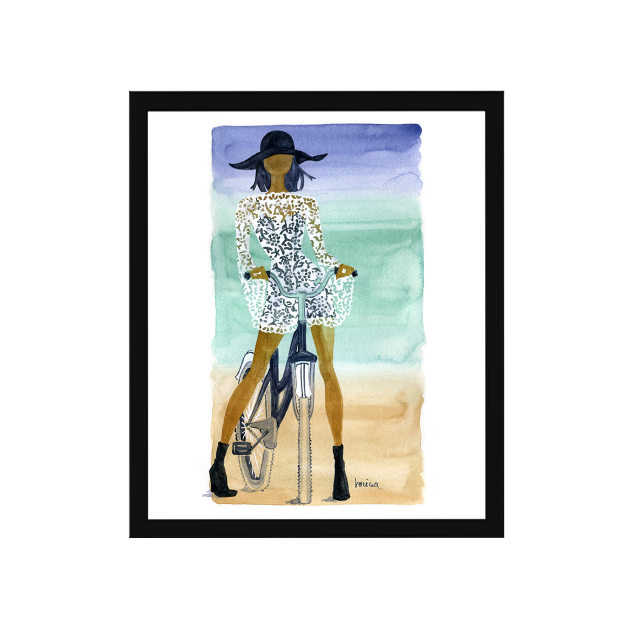 Framed paper giclée print of a watercolor artwork featuring a fashionable woman on a bike by Hawaii artist Lovisa Oliv