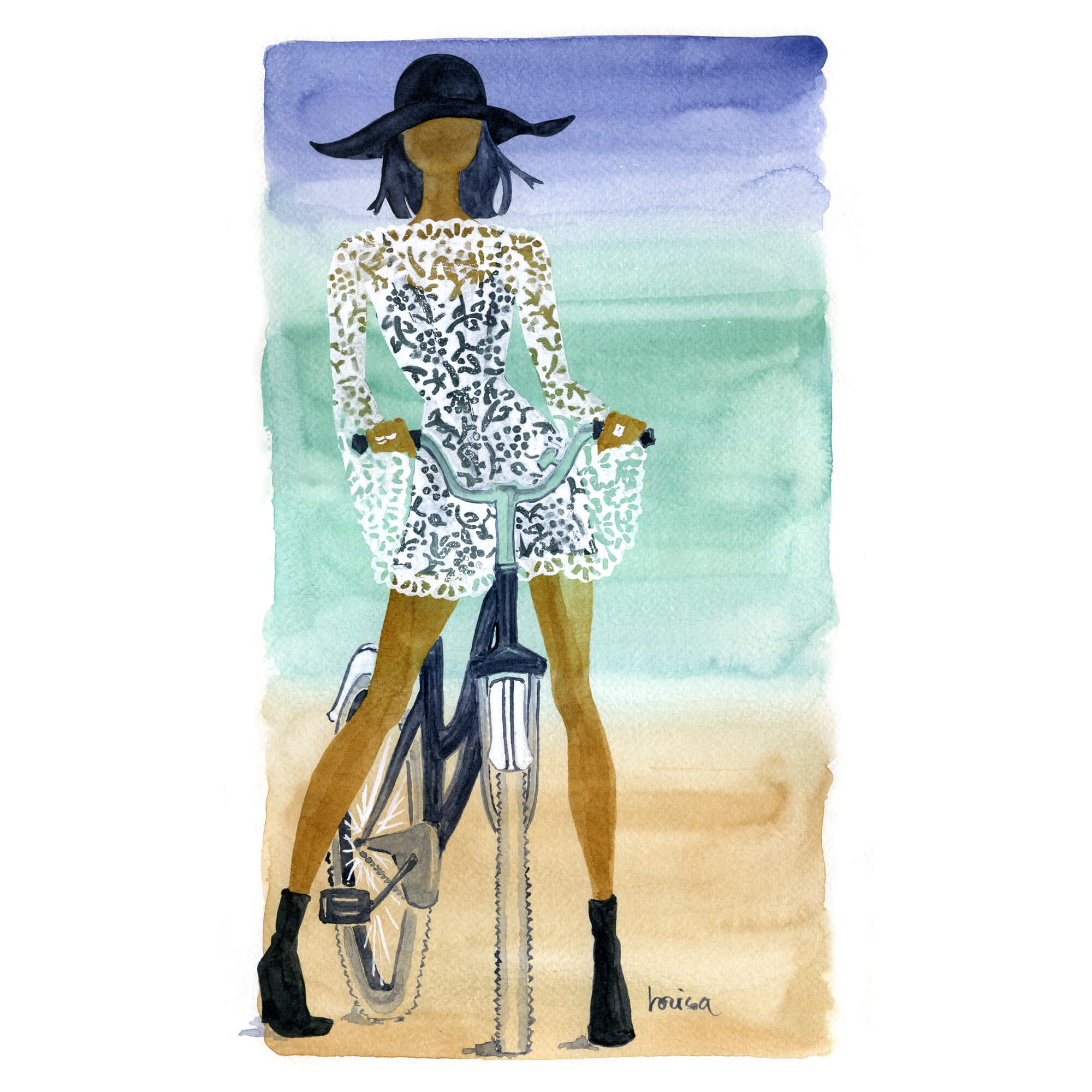 A paper giclée print of a watercolor artwork featuring a fashionable woman on a bike by Hawaii artist Lovisa Oliv 