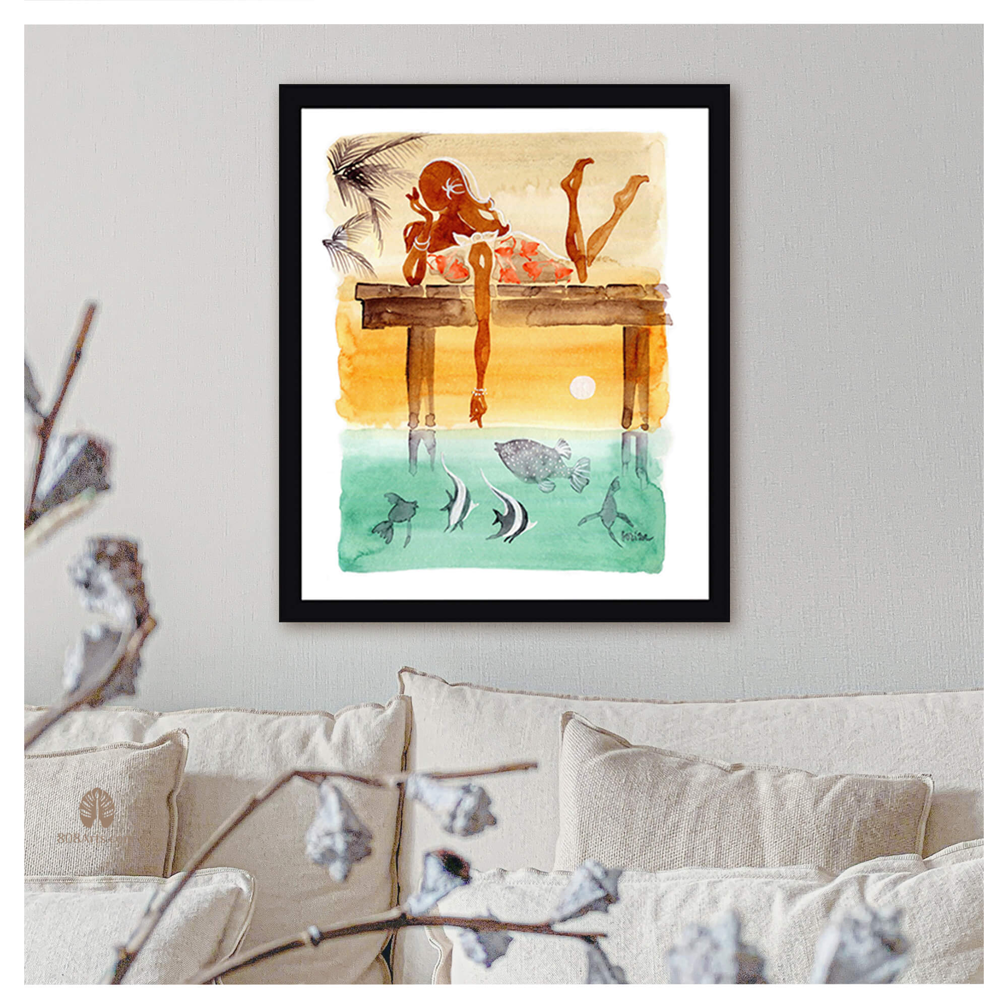 Framed paper giclée print of a watercolor artwork featuring a woman enjoying the colorful sunset by Hawaii artist Lovisa Oliv