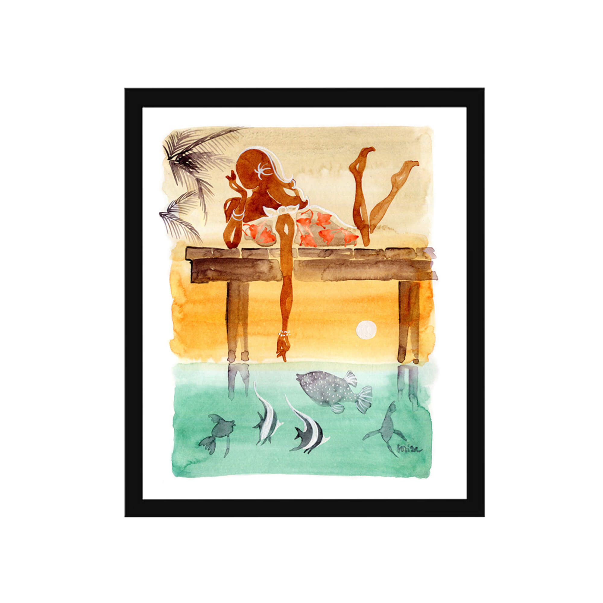 Framed paper giclée print of a watercolor artwork featuring a woman enjoying the colorful sunset by Hawaii artist Lovisa Oliv
