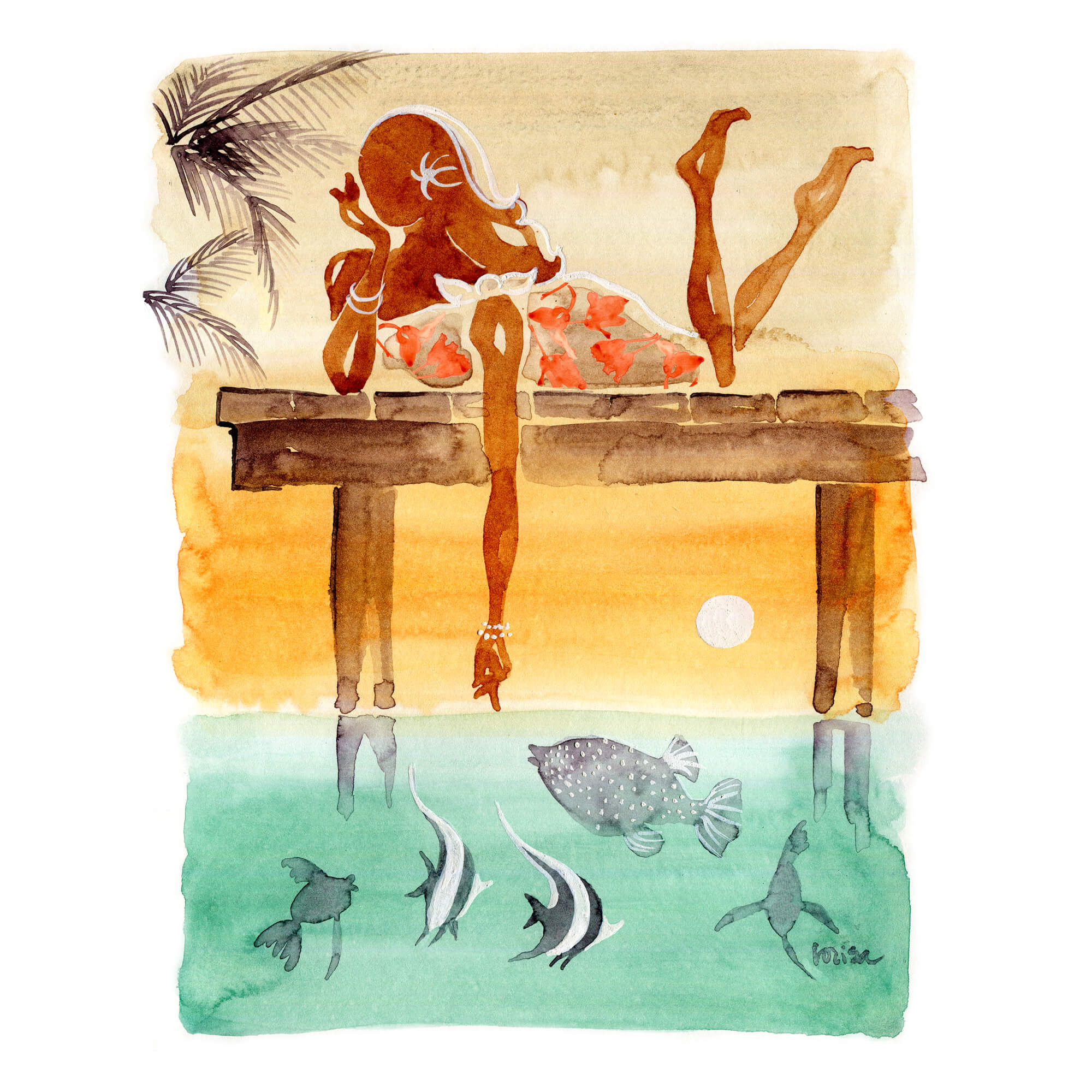 A paper giclée print of a watercolor artwork featuring a woman enjoying the colorful sunset by Hawaii artist Lovisa Oliv
