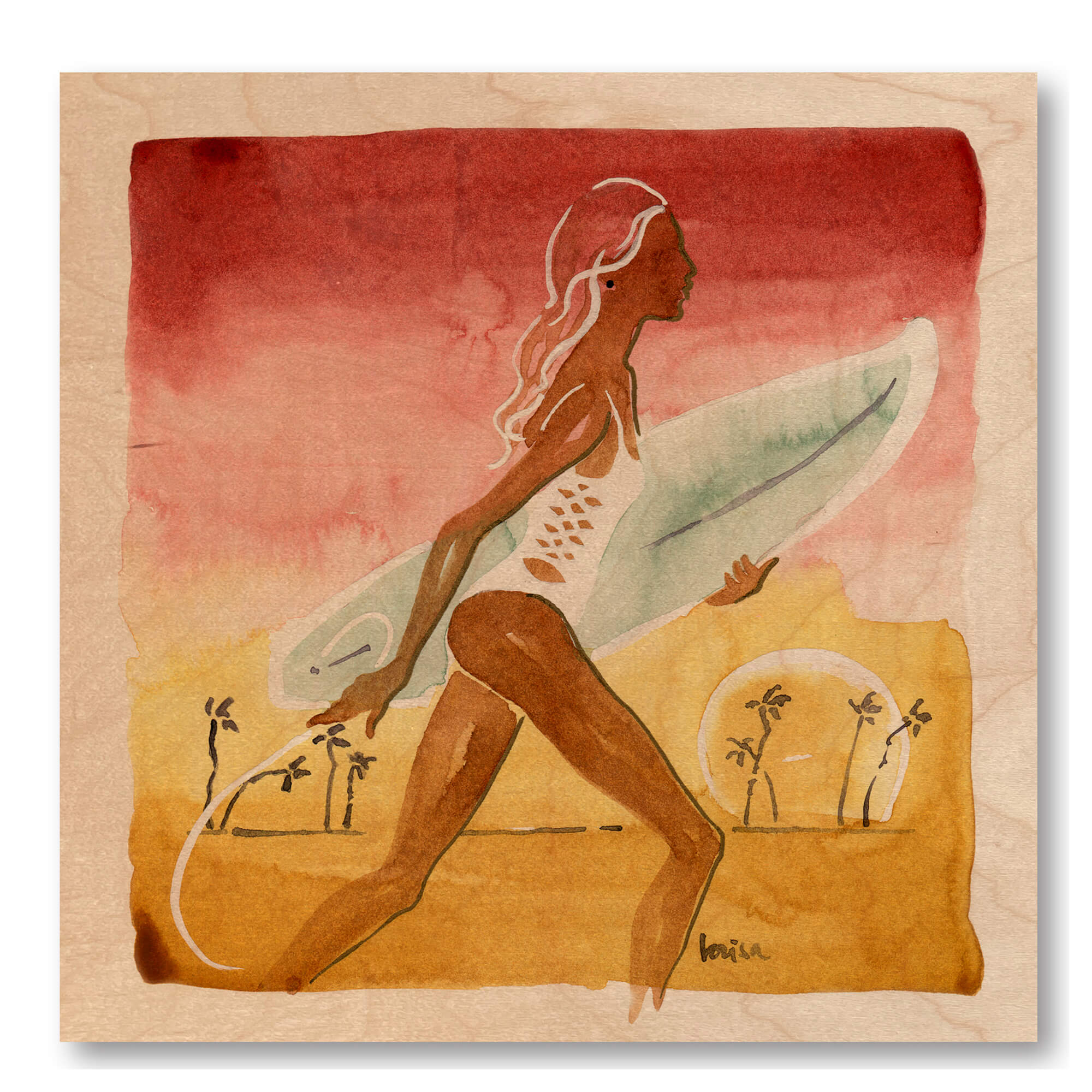 Wood print of watercolor artwork featuring a female surfer holding a surfboard enjoying the beautiful sunset by Hawaii artist Lovisa Oliv