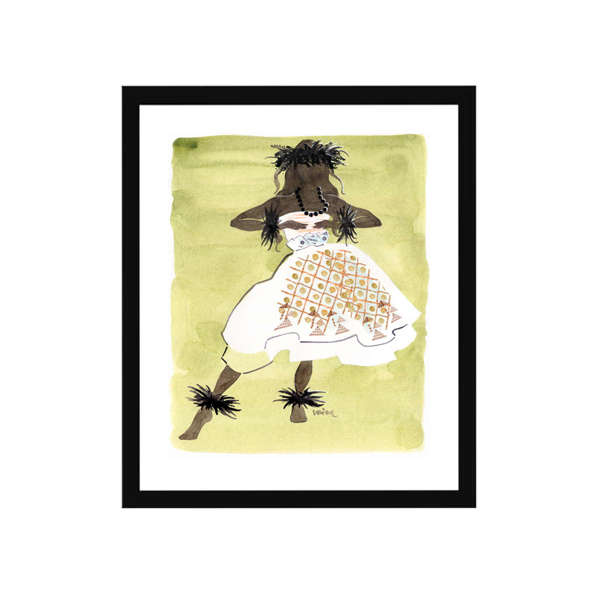 Framed paper giclée print featuring a watercolor artwork of a hula green on avocado green background by Hawaii artist Lovisa Oliv