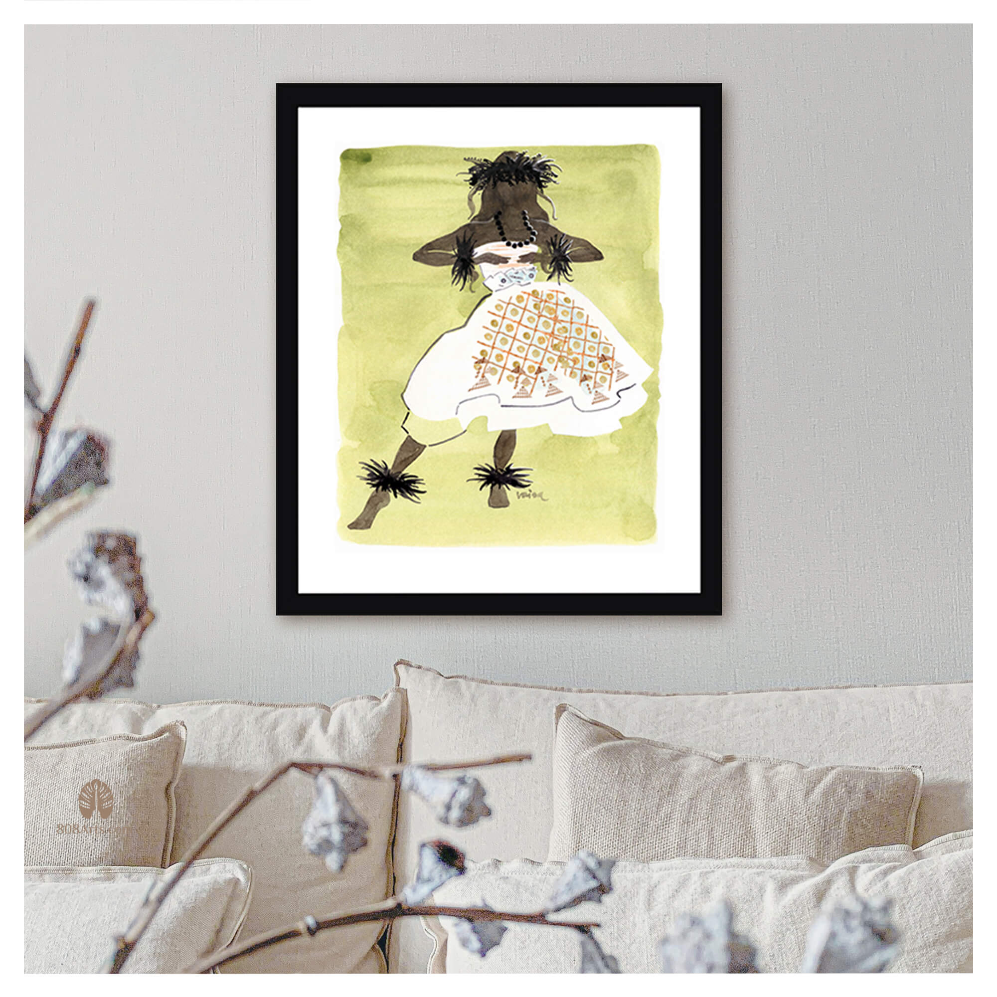 Framed paper giclée print featuring a watercolor artwork of a hula green on avocado green background by Hawaii artist Lovisa Oliv