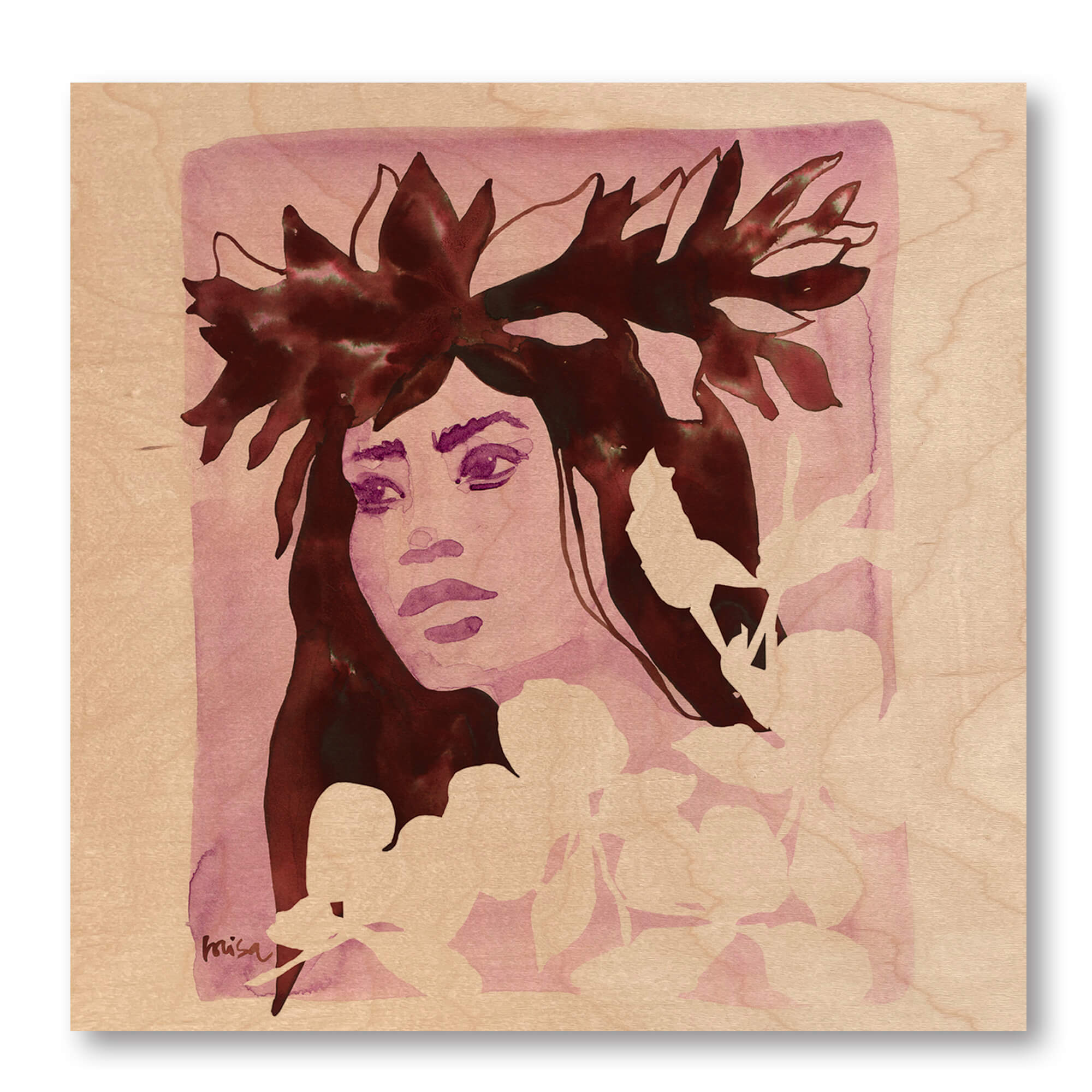 Wood print of watercolor artwork featuring a hula woman's portrait with ginger flowers by Hawaii artist Lovisa Oliv