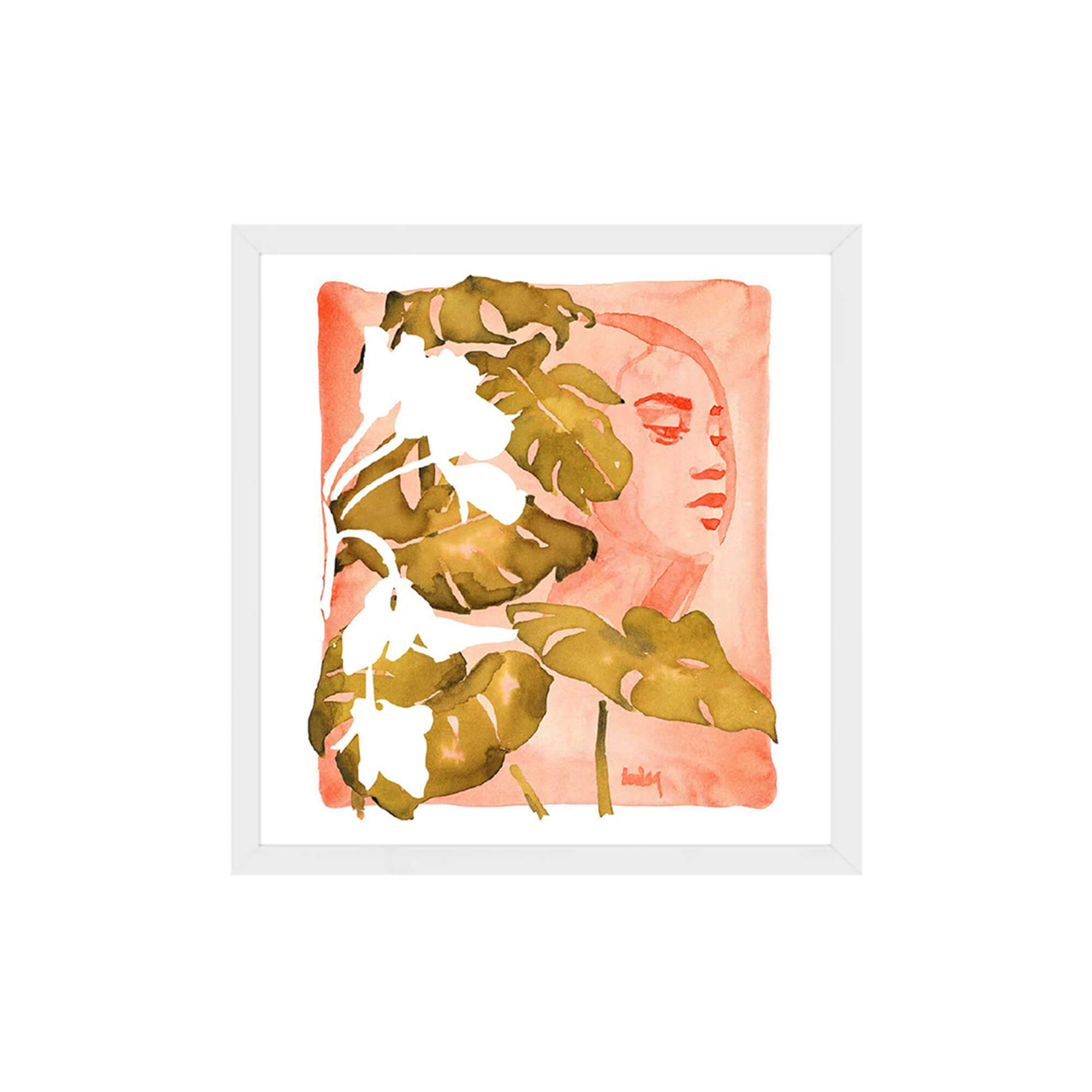 Framed paper giclée print of a watercolor artwork featuring a woman's portrait and some monstera leaves by Hawaii artist Lovisa Oliv