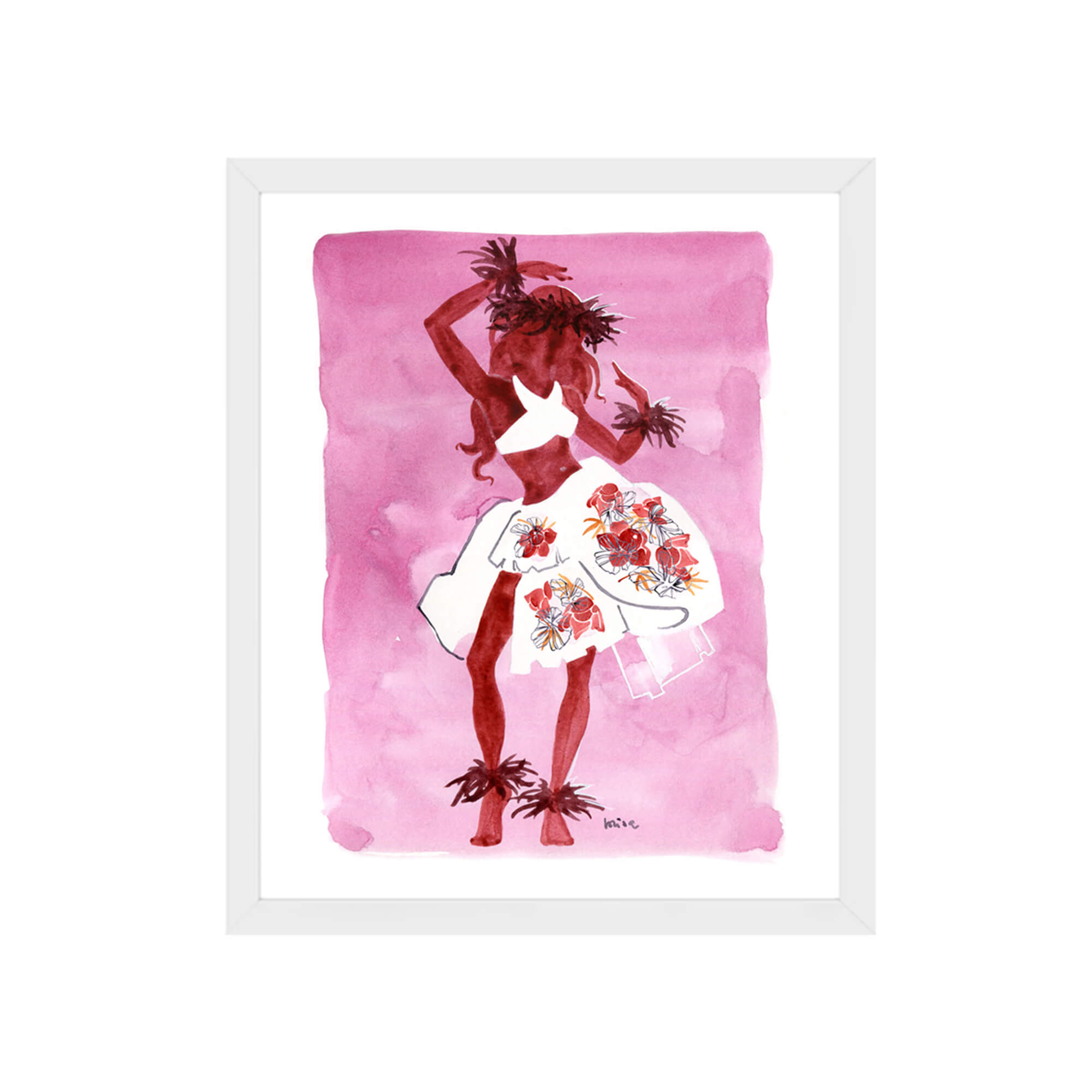 Framed paper giclée print of a watercolor artwork featuring a hula dancer on magenta background by Hawaii artist Lovisa Oliv