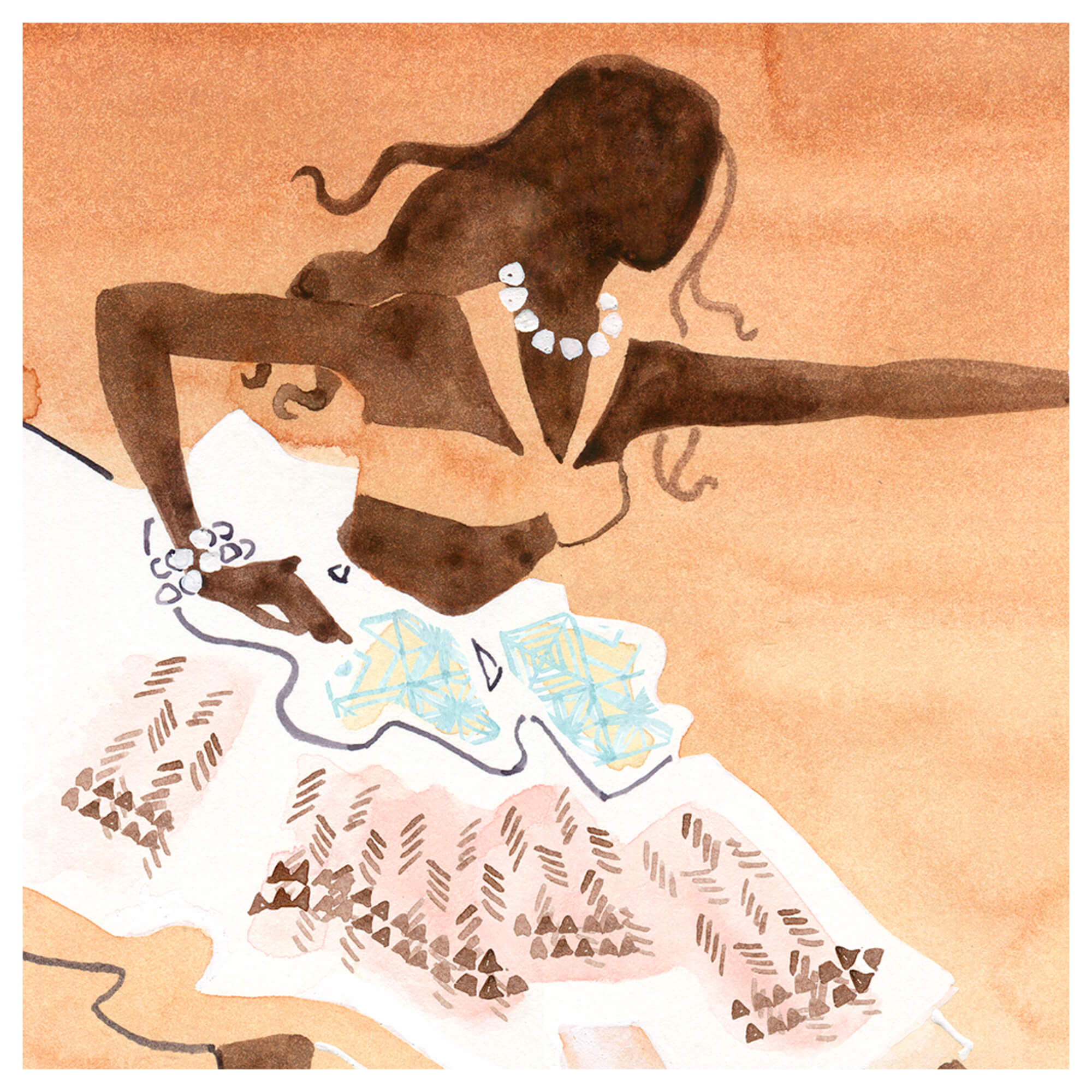 Close up details of watercolor artwork Hula Girl Woodrose by Hawaii artist Heather Brown