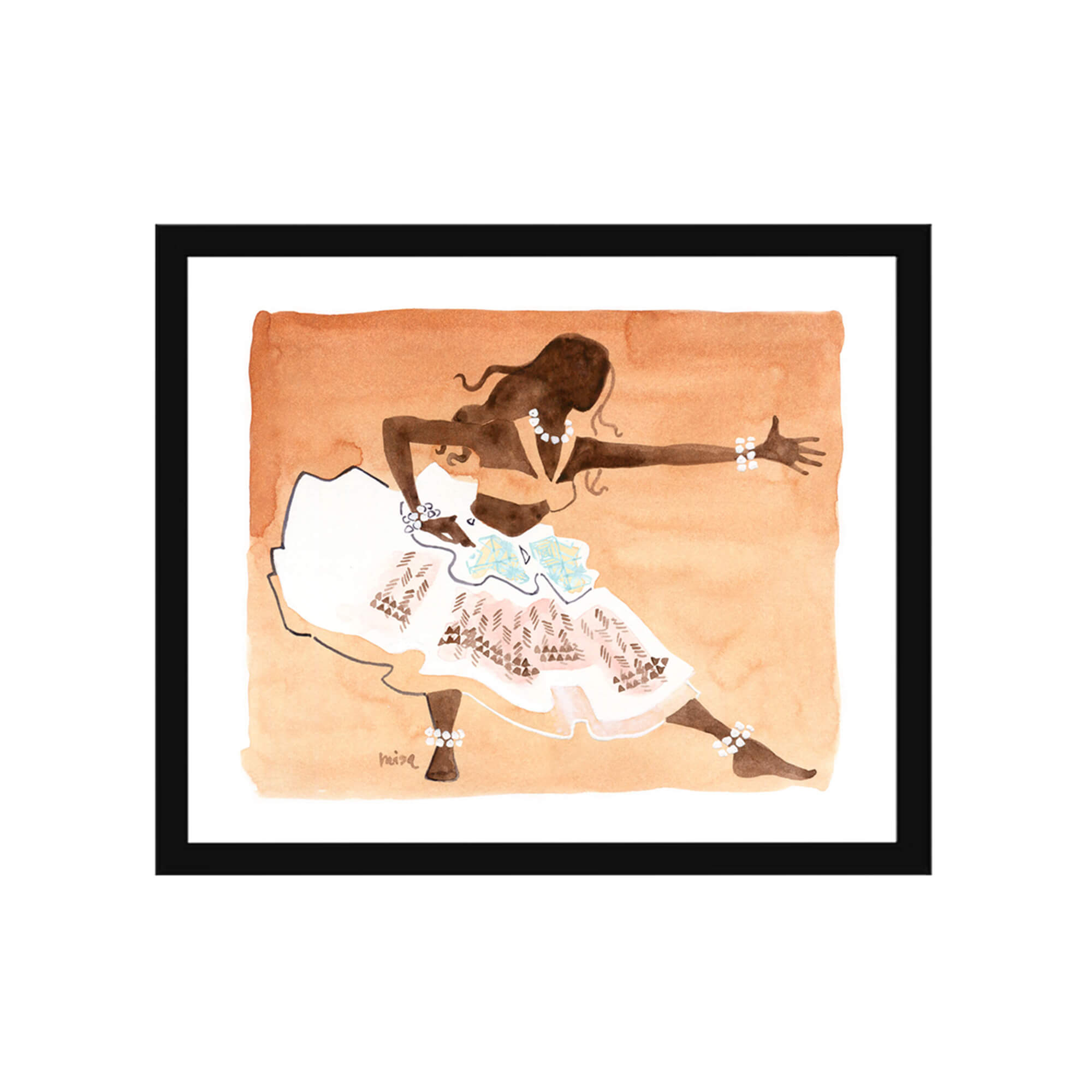 Framed paper giclée print of a watercolor artwork featuring a hula dancer on a sandy brown background by Hawaii artist Lovisa Oliv