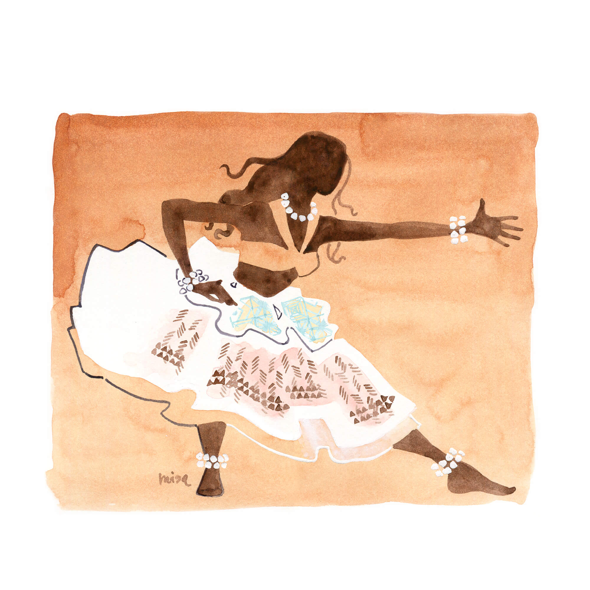 A paper giclée print of a watercolor artwork featuring a hula dancer on a sandy brown background by Hawaii artist Lovisa Oliv