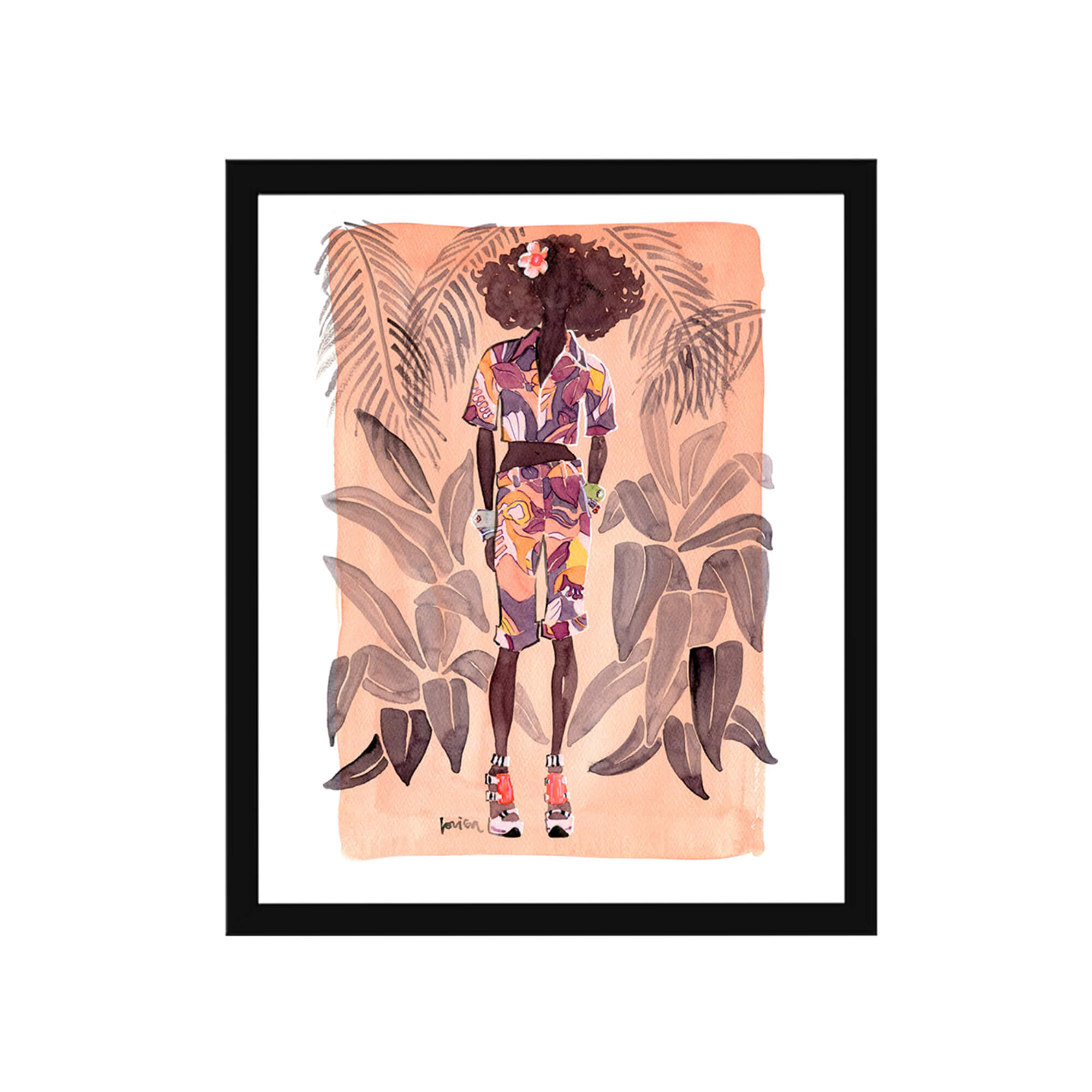 Framed paper giclée print of watercolor artwork featuring a woman wearing a retro attire and tropical background by Hawaii artist Lovisa Oliv