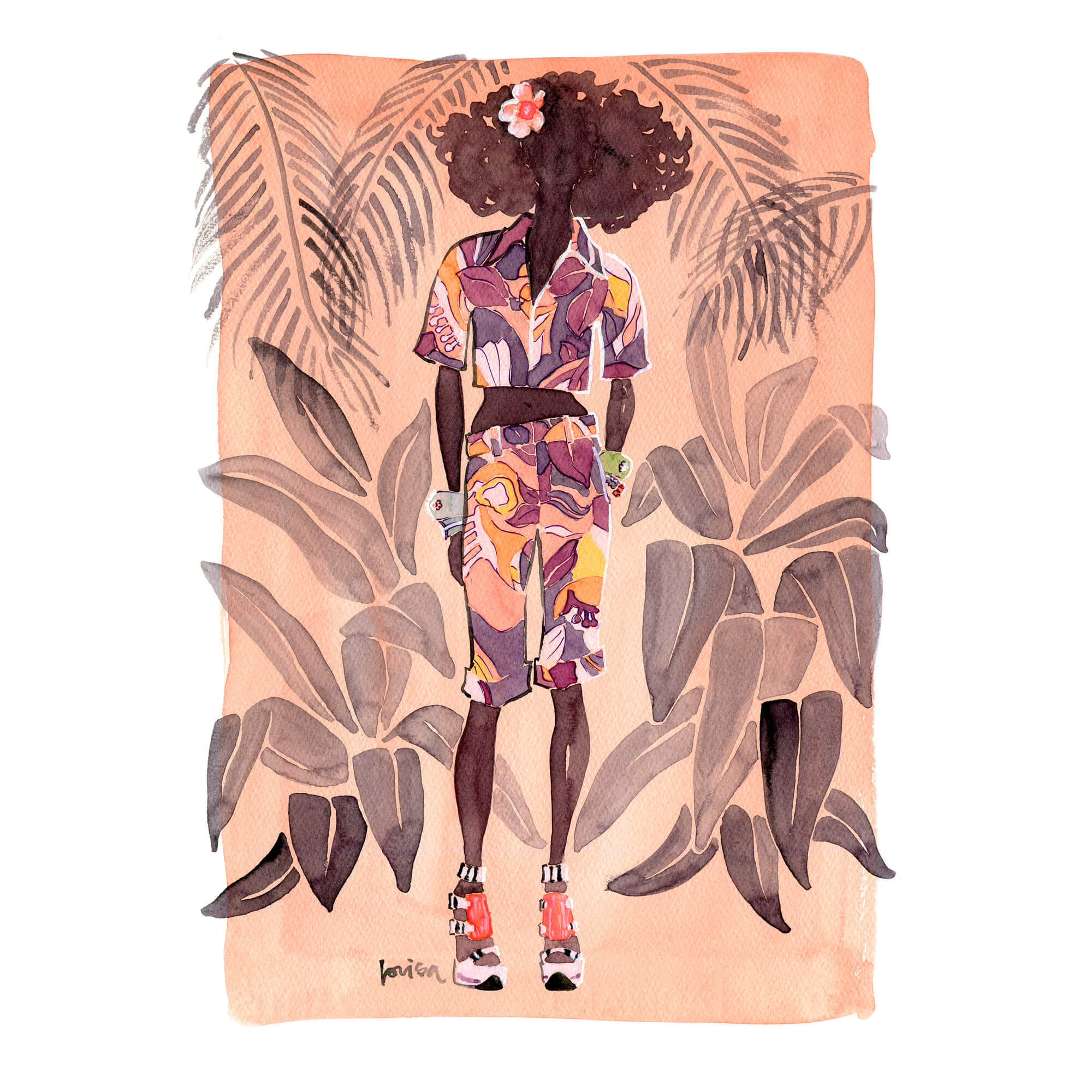 A paper giclée print of watercolor artwork featuring a woman wearing a retro attire and tropical background by Hawaii artist Lovisa Oliv