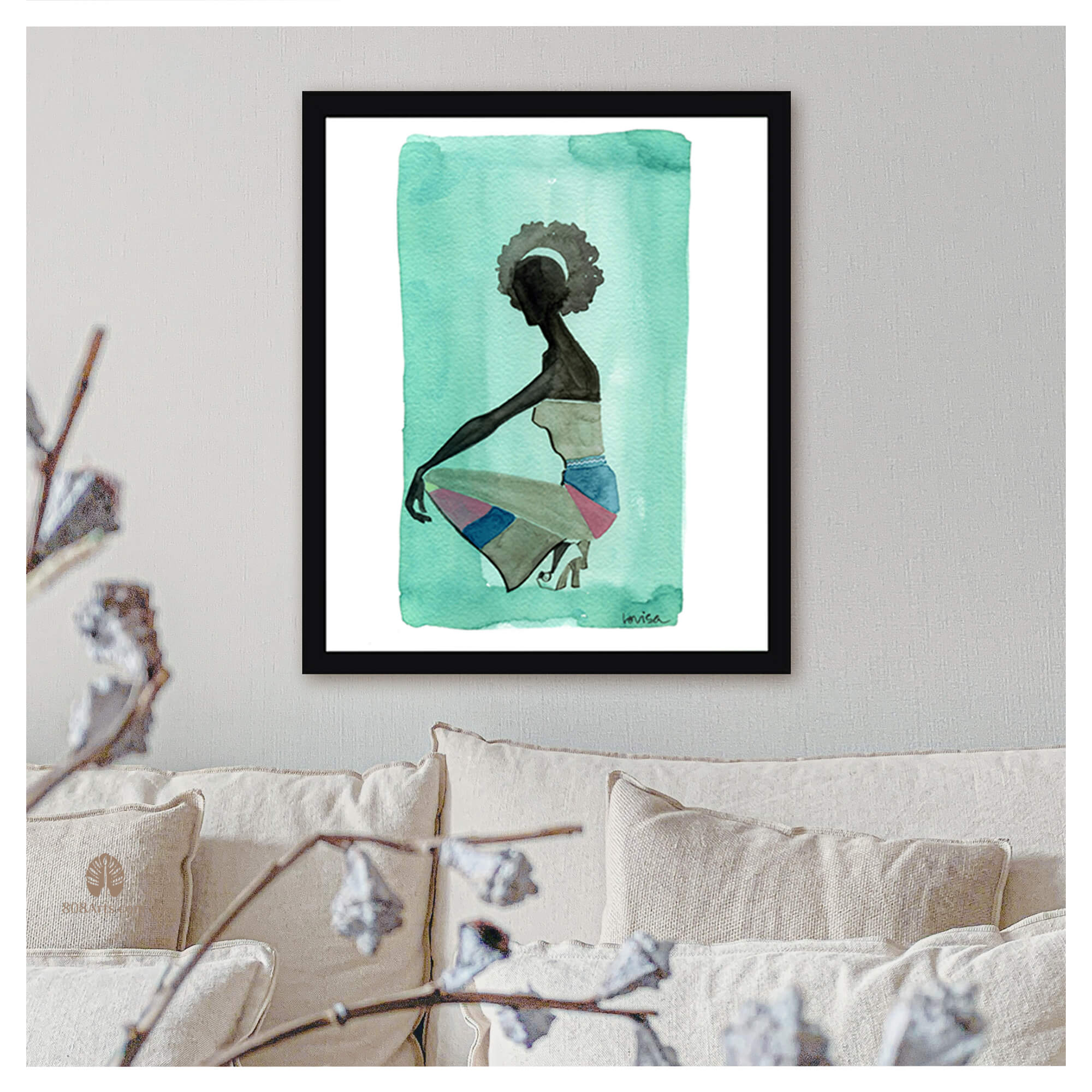 Framed paper giclée print of a watercolor artwork featuring a woman wearing a retro jumpsuit by Hawaii artist Lovisa Oliv