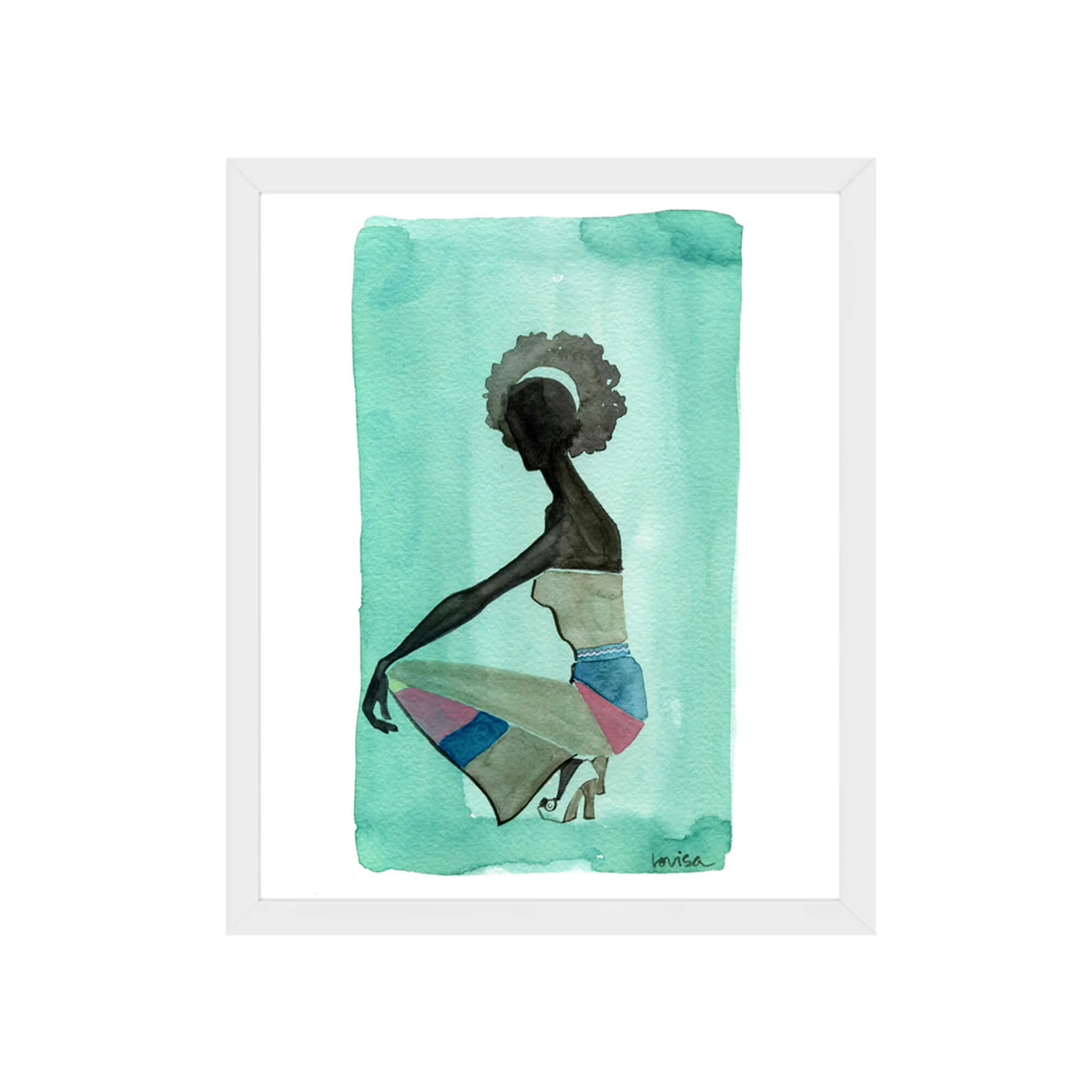 Framed paper giclée print of a watercolor artwork featuring a woman wearing a retro jumpsuit by Hawaii artist Lovisa Oliv
