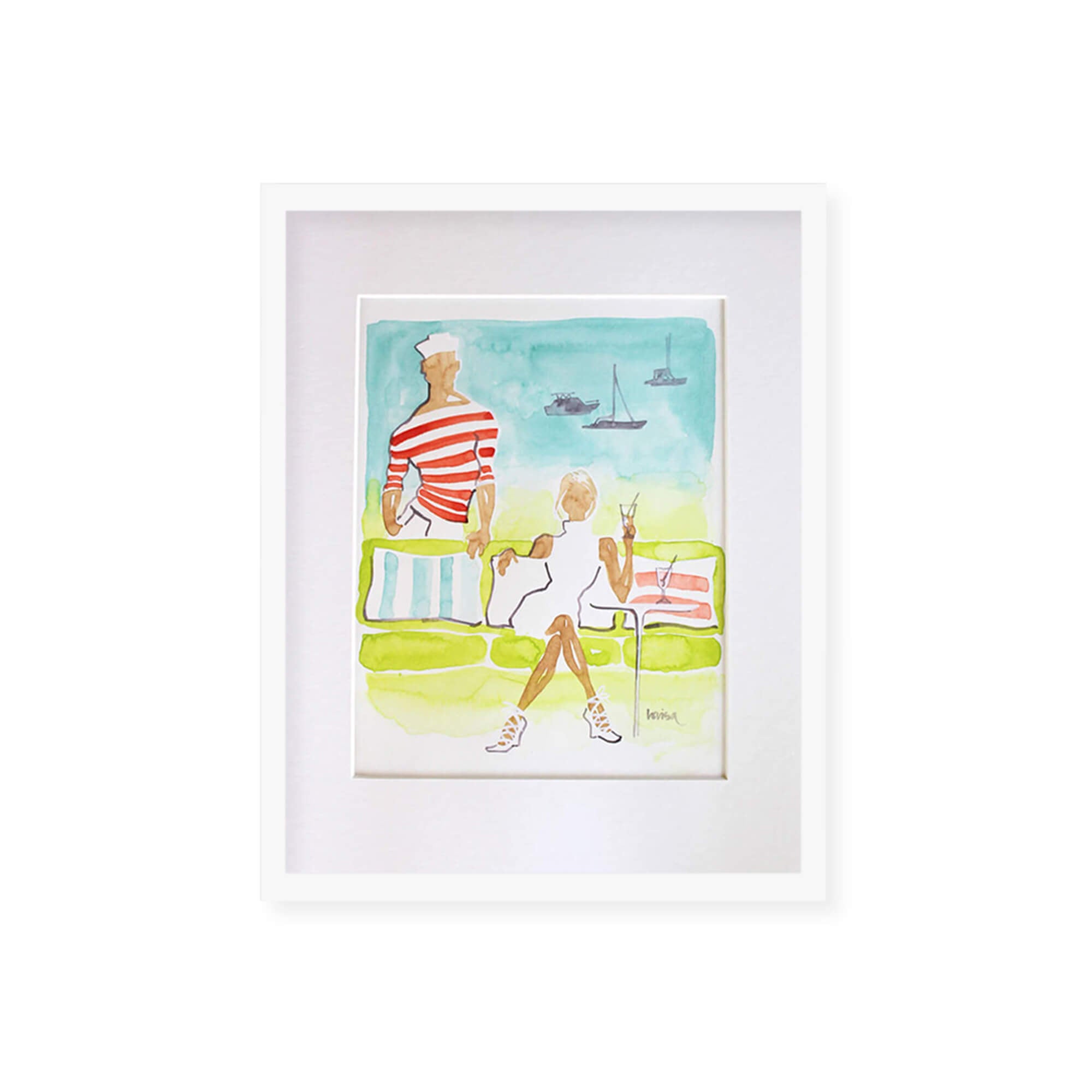 Framed original watercolor artwork featuring a fashionable woman drinking on a yacht by Hawaii artist Lovisa Oliv
