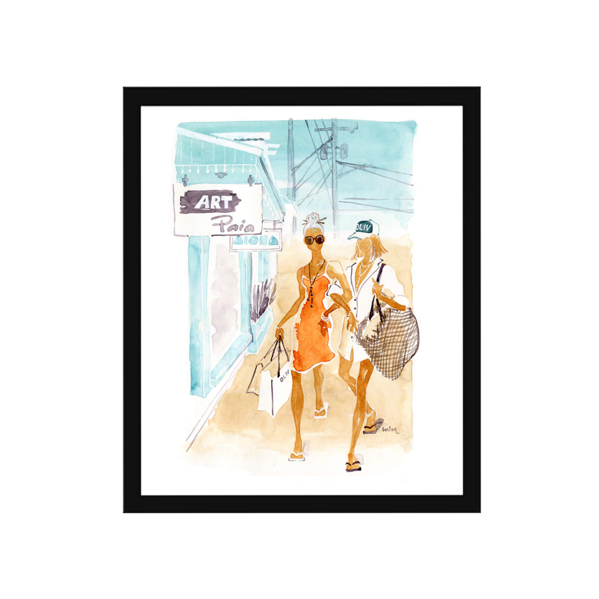 Framed paper giclée print of a watercolor artwork featuring two fashionable women walking along the street by Hawaii artist Lovisa Oliv