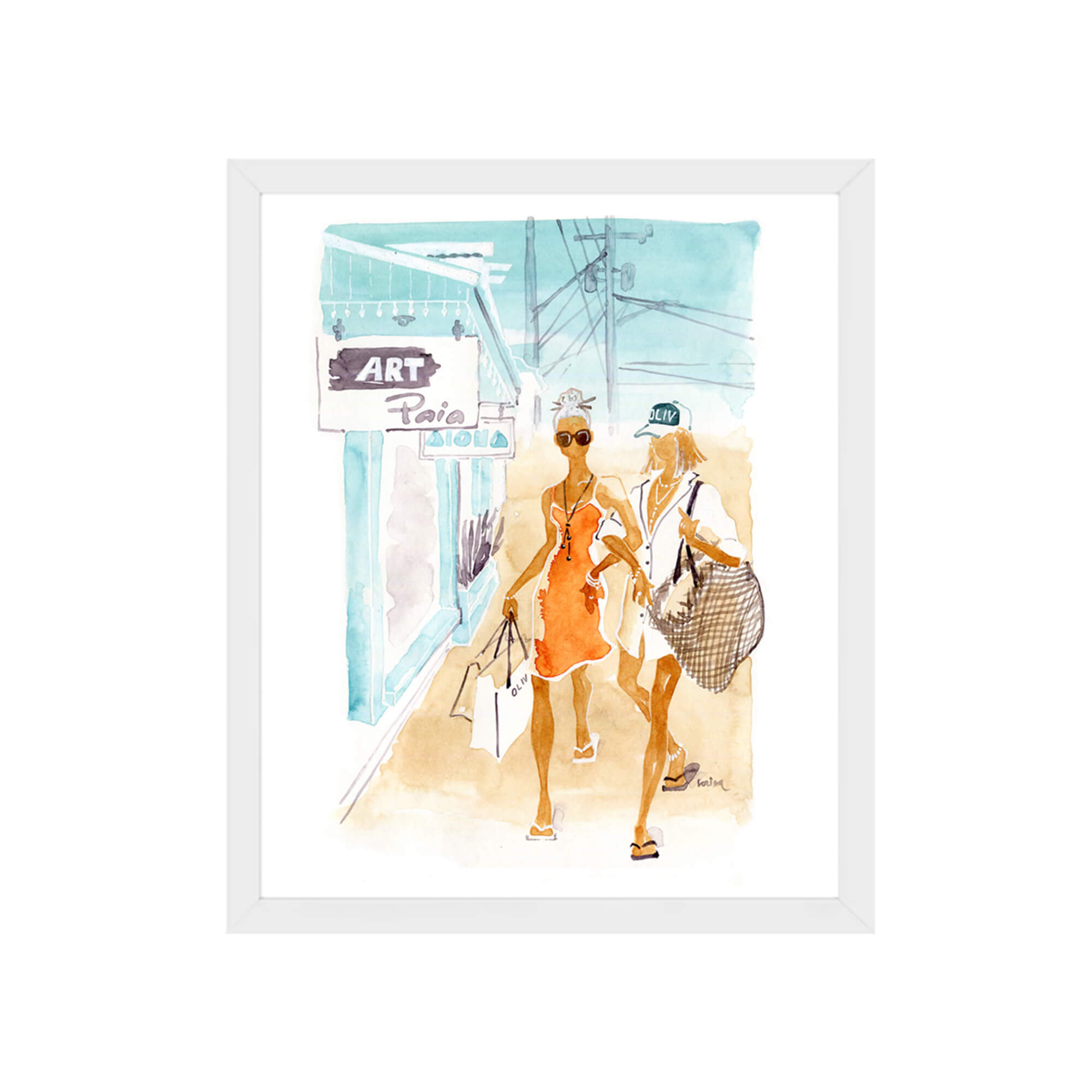 Framed paper giclée print of a watercolor artwork featuring two fashionable women walking along the street by Hawaii artist Lovisa Oliv